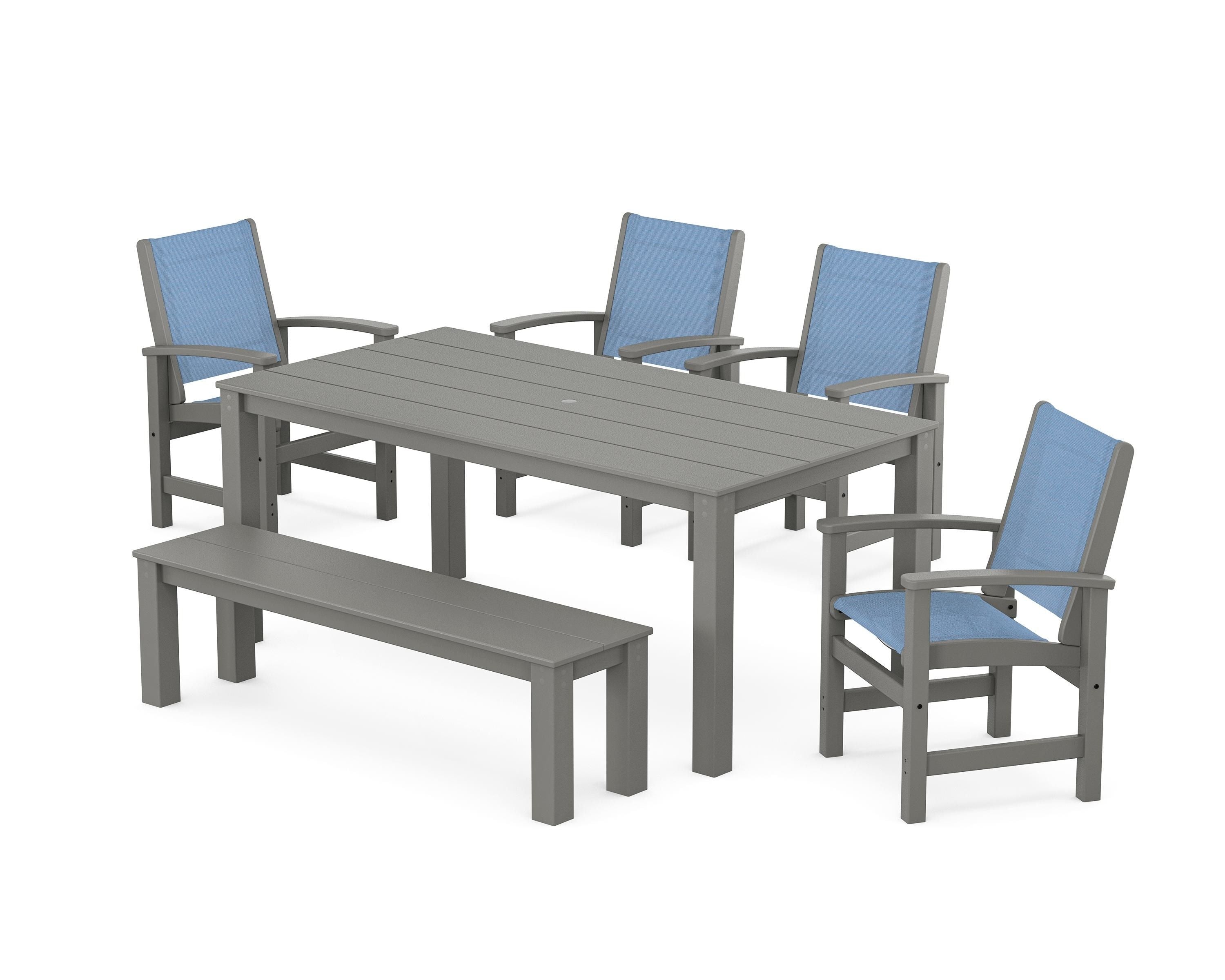 POLYWOOD Coastal 6-Piece Parsons Dining Set with Bench in Slate Grey / Poolside Sling