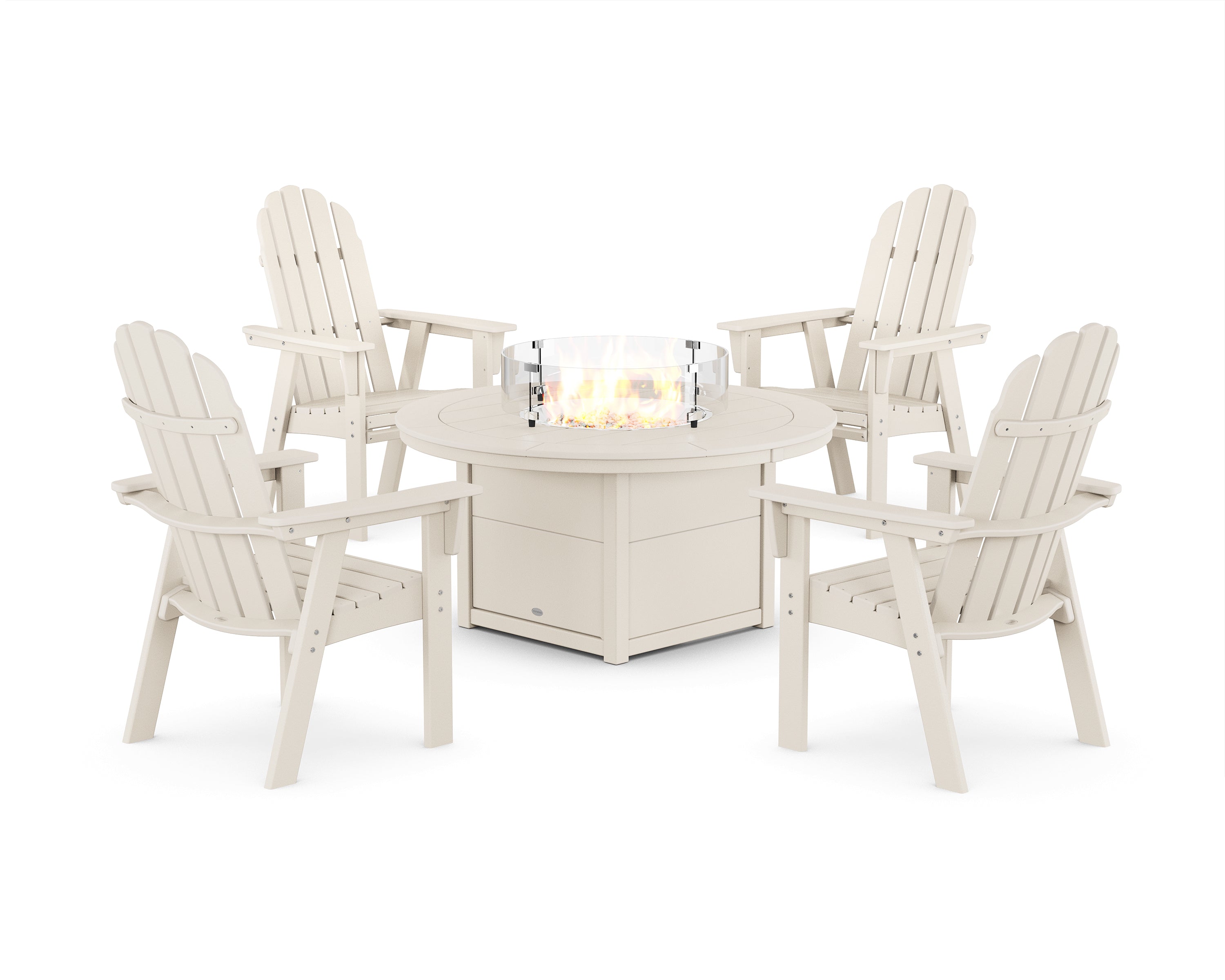 POLYWOOD® Vineyard 4-Piece Curveback Upright Adirondack Conversation Set with Fire Pit Table in Sand