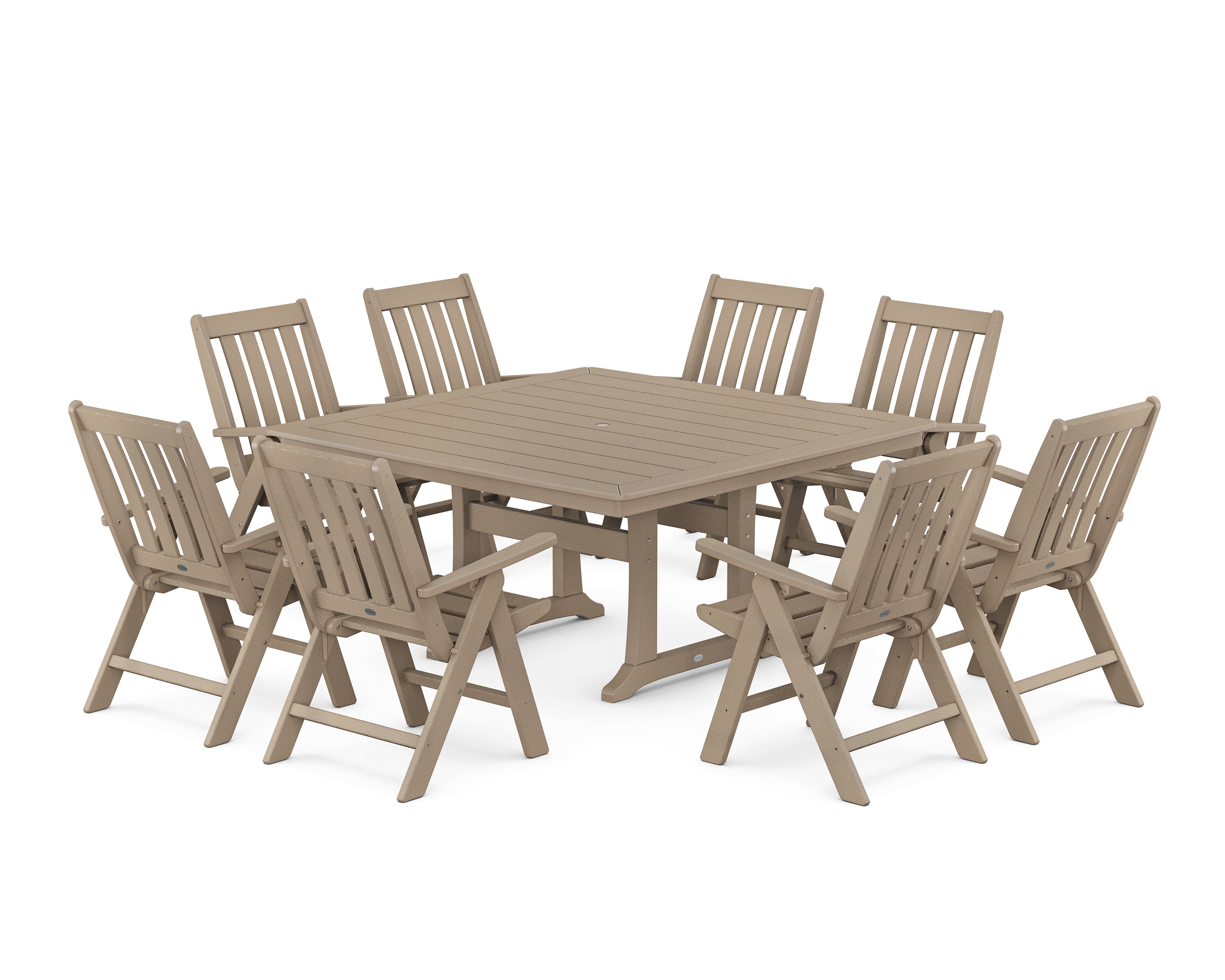 POLYWOOD Vineyard Folding Chair 9-Piece Square Dining Set with Trestle Legs in Vintage Sahara