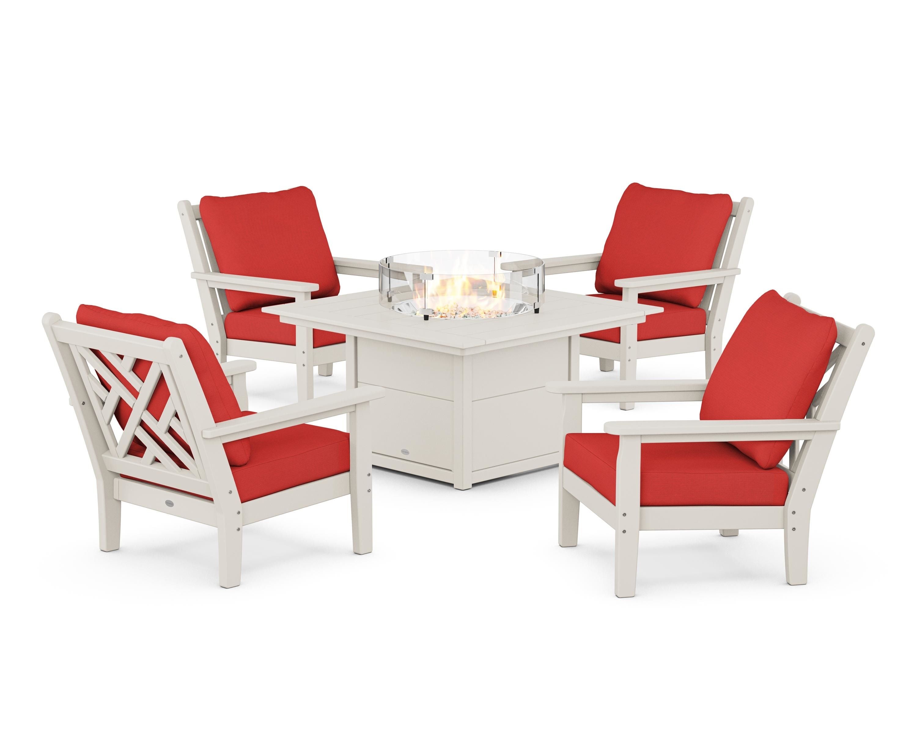 POLYWOOD Chippendale 5-Piece Deep Seating Set with Fire Pit Table in Sand / Crimson Linen