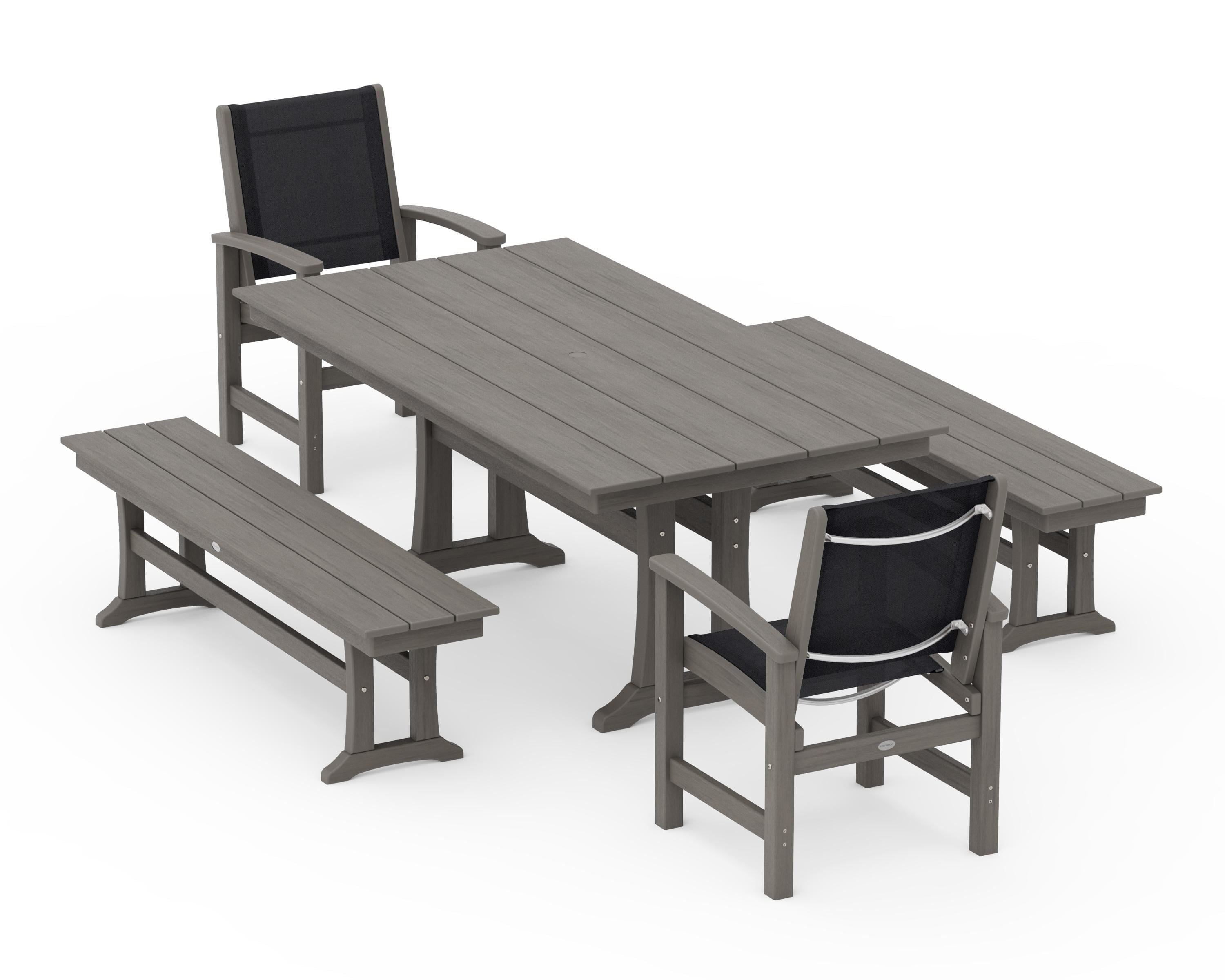 POLYWOOD Coastal 5-Piece Farmhouse Dining Set with Trestle Legs and Benches in Driftwood / Black Sling