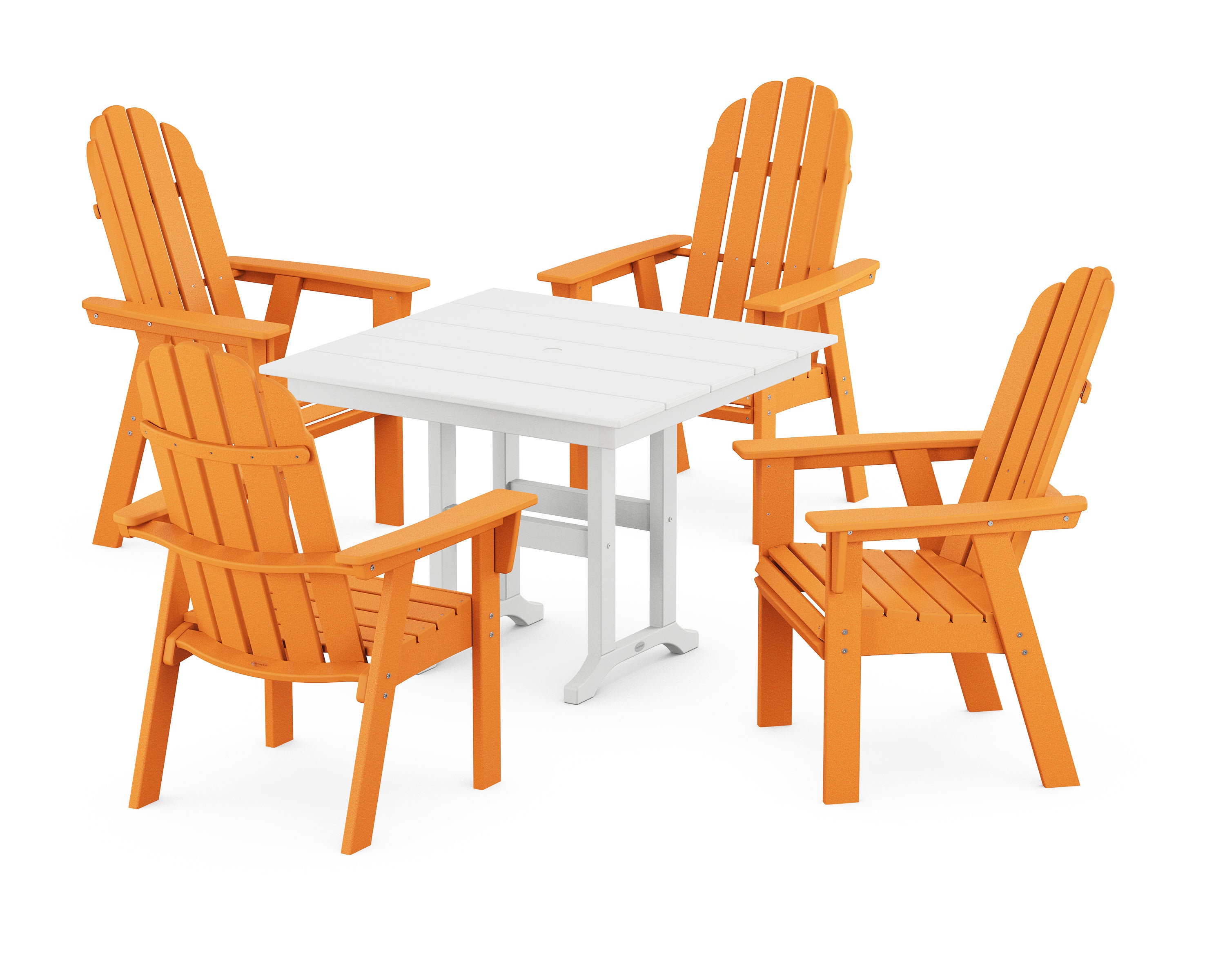 POLYWOOD® Vineyard Curveback Adirondack 5-Piece Farmhouse Dining Set in Tangerine / White
