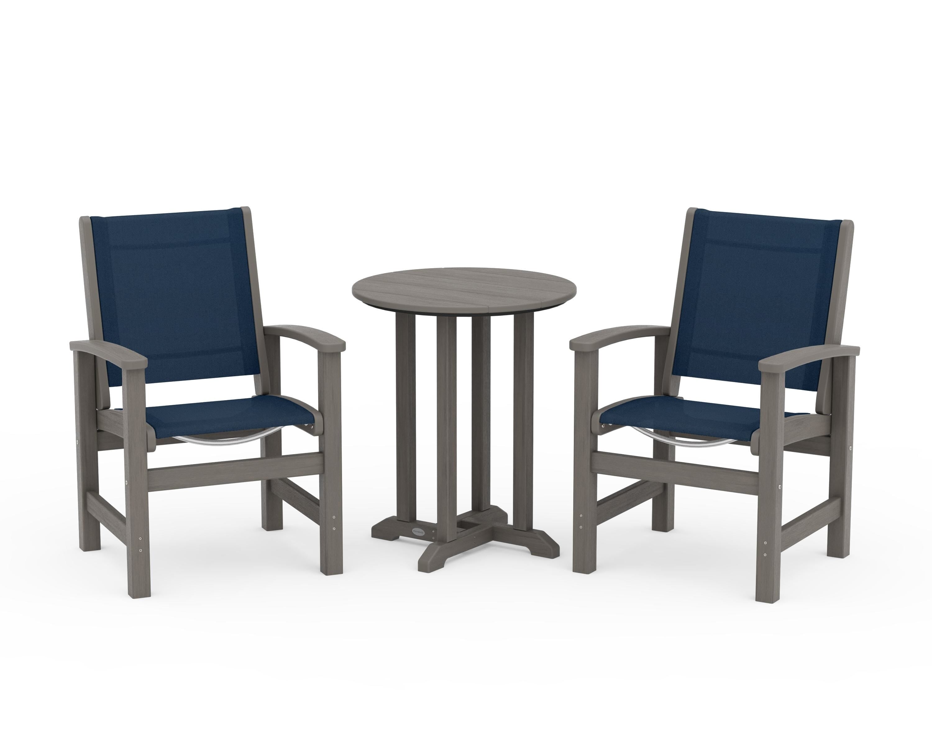POLYWOOD Coastal 3-Piece Round Bistro Dining Set in Driftwood / Navy Blue Sling