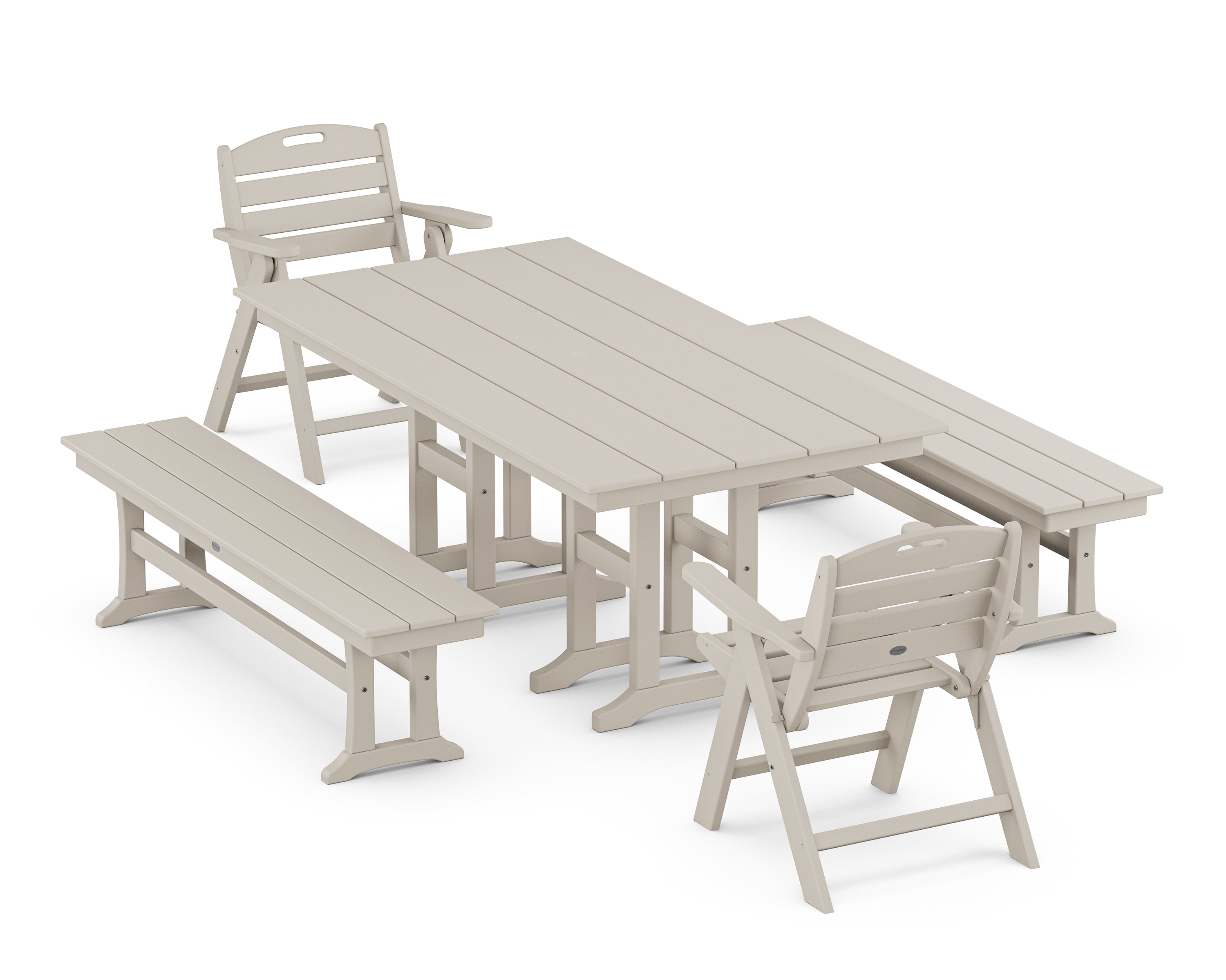 POLYWOOD Nautical Lowback 5-Piece Farmhouse Dining Set with Benches in Sand