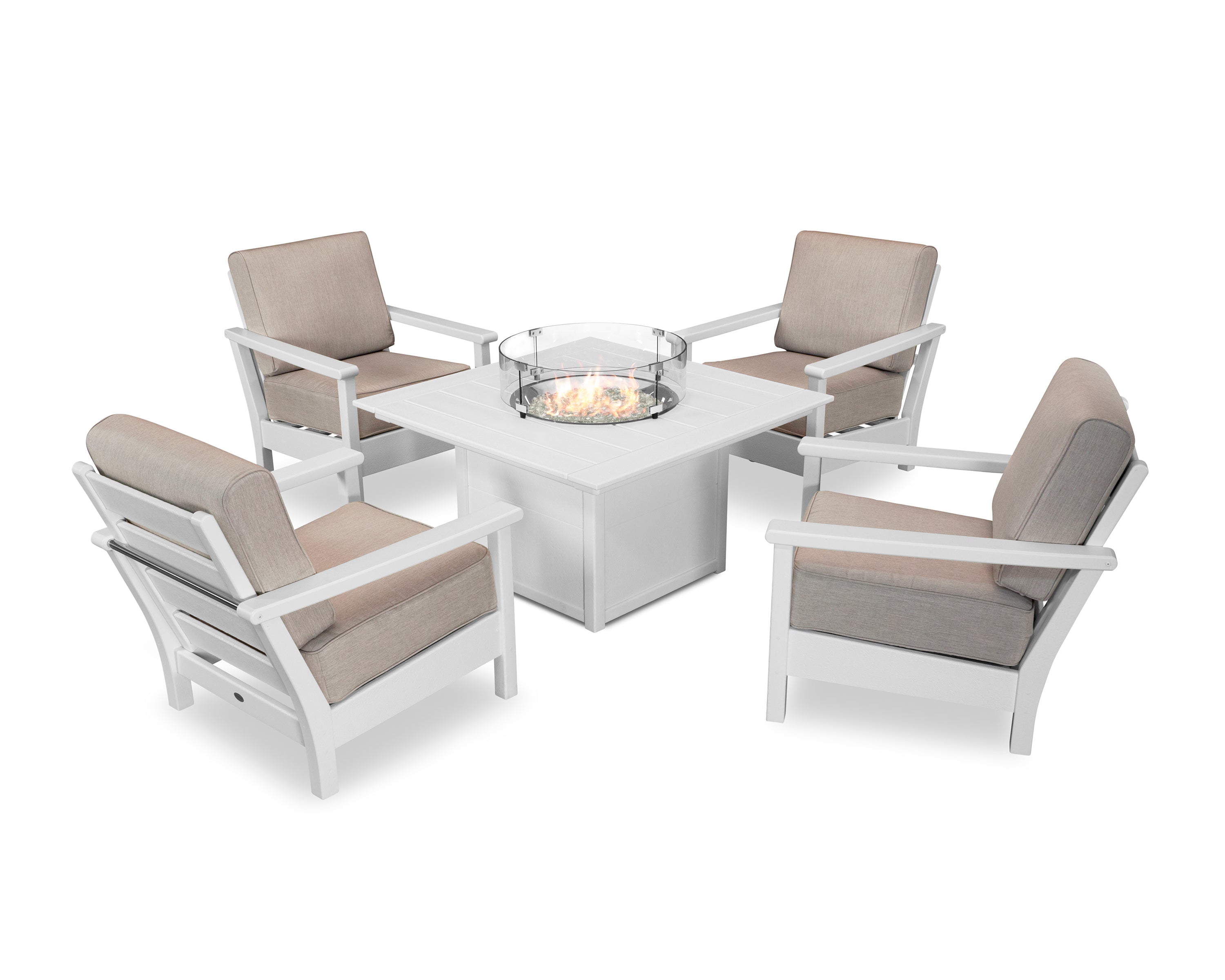 POLYWOOD Harbour 5-Piece Conversation Set with Fire Pit Table in White / Cast Ash