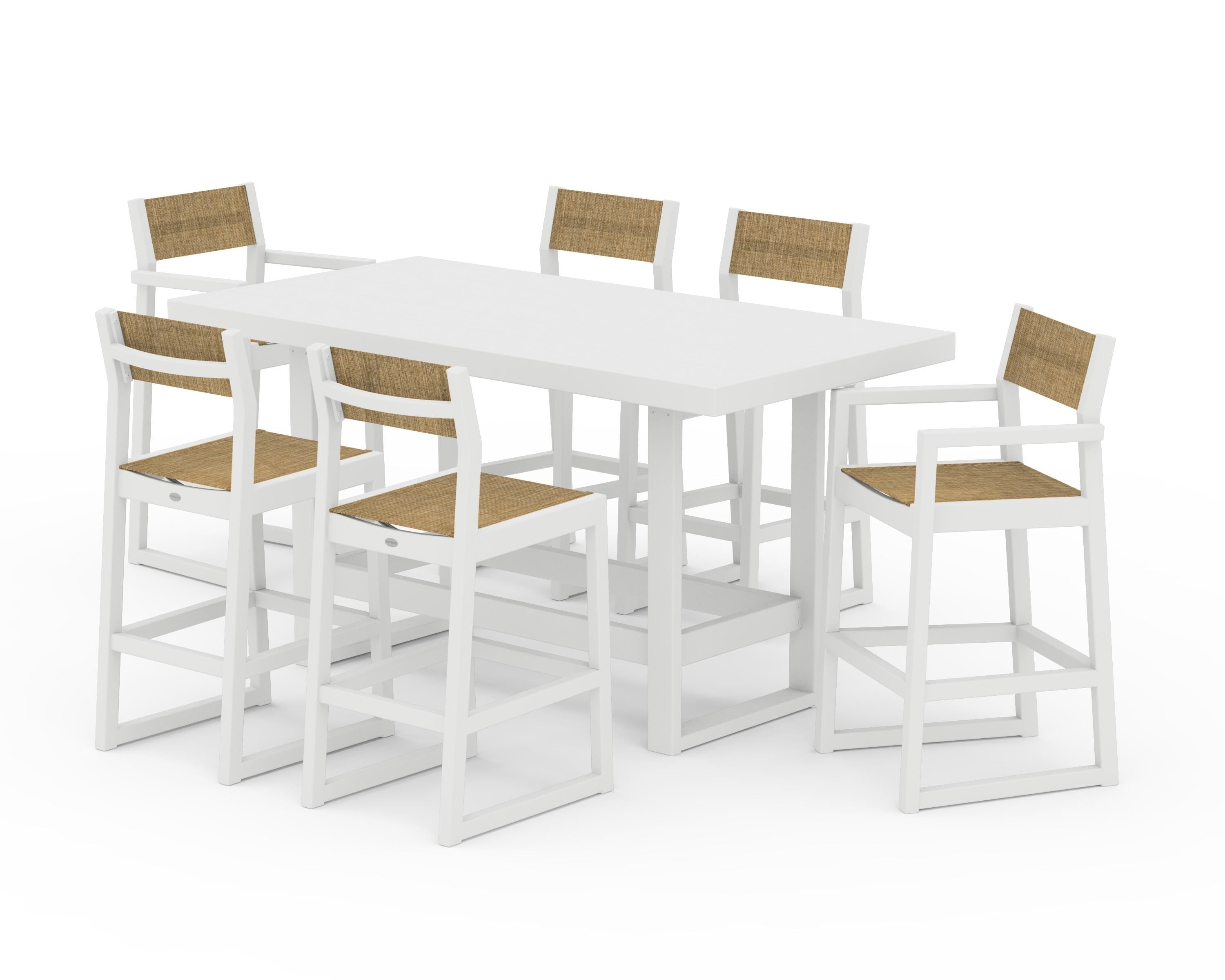 POLYWOOD EDGE Sling 7-Piece Bar Table Set in White / Burlap Sling