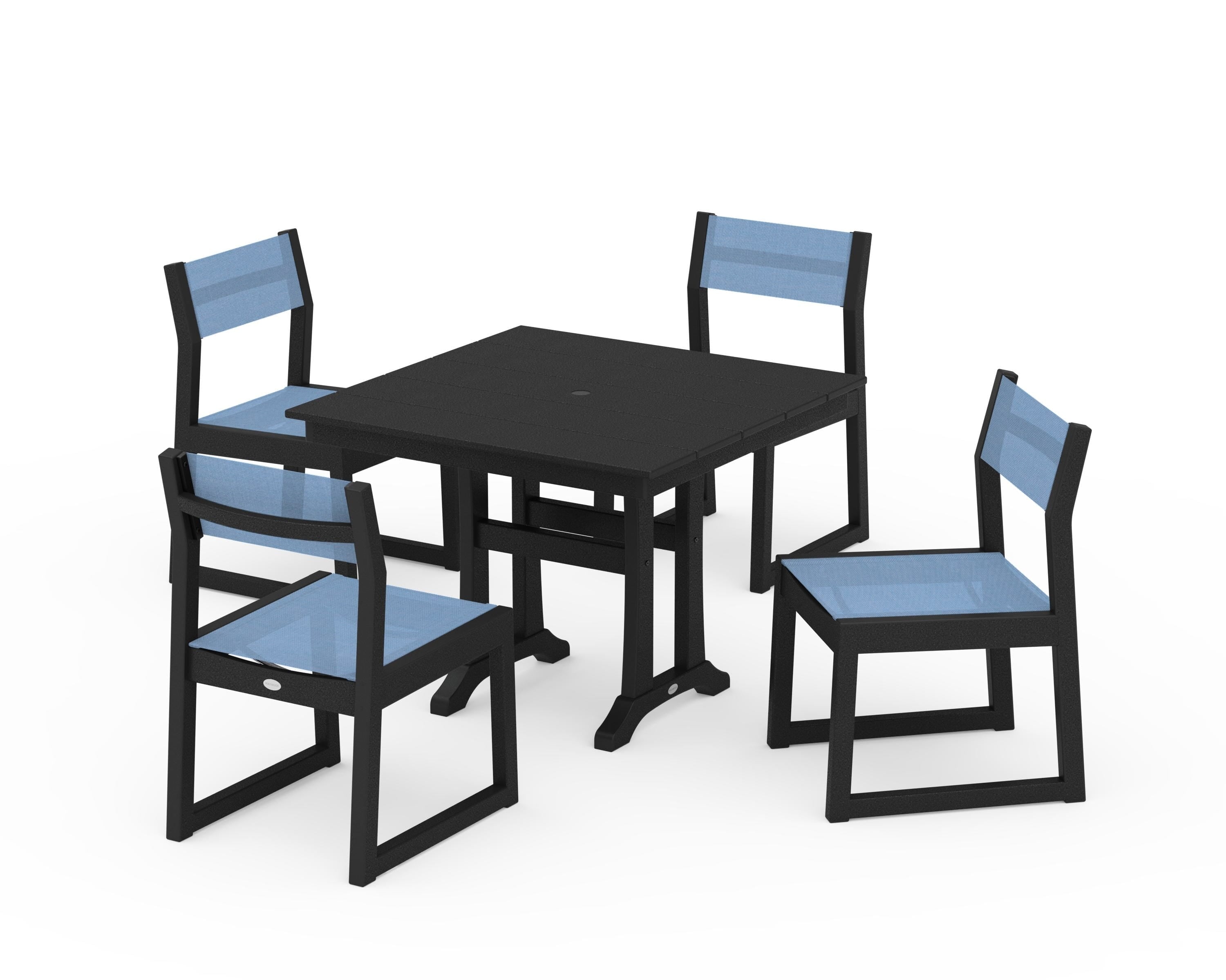POLYWOOD EDGE Sling 5-Piece Farmhouse Trestle Side Chair Dining Set in Black / Poolside Sling