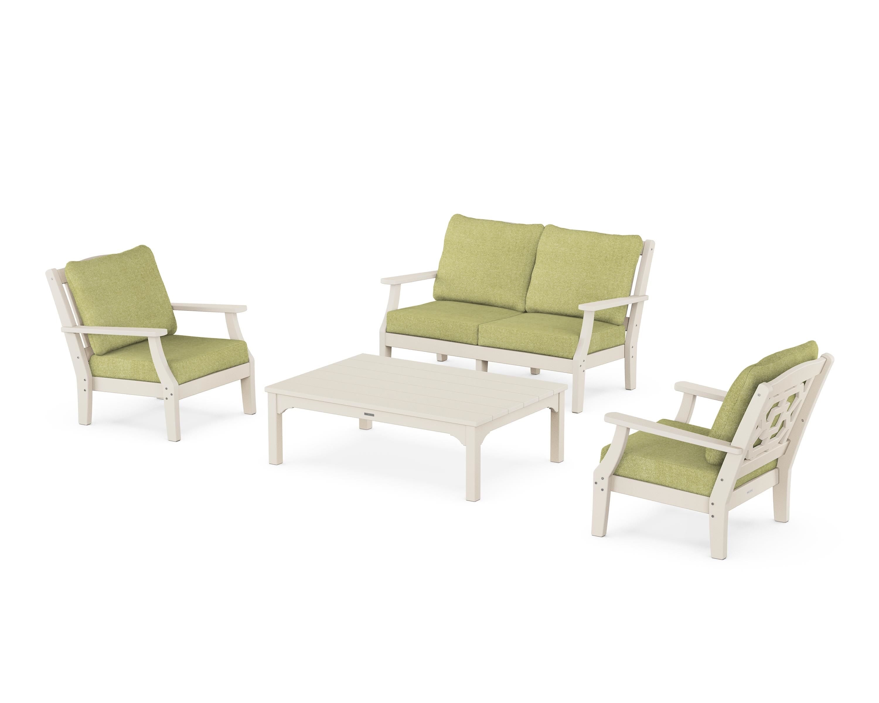 Martha Stewart by POLYWOOD Chinoiserie 4-Piece Deep Seating Set with Loveseat in Sand / Chartreuse Boucle