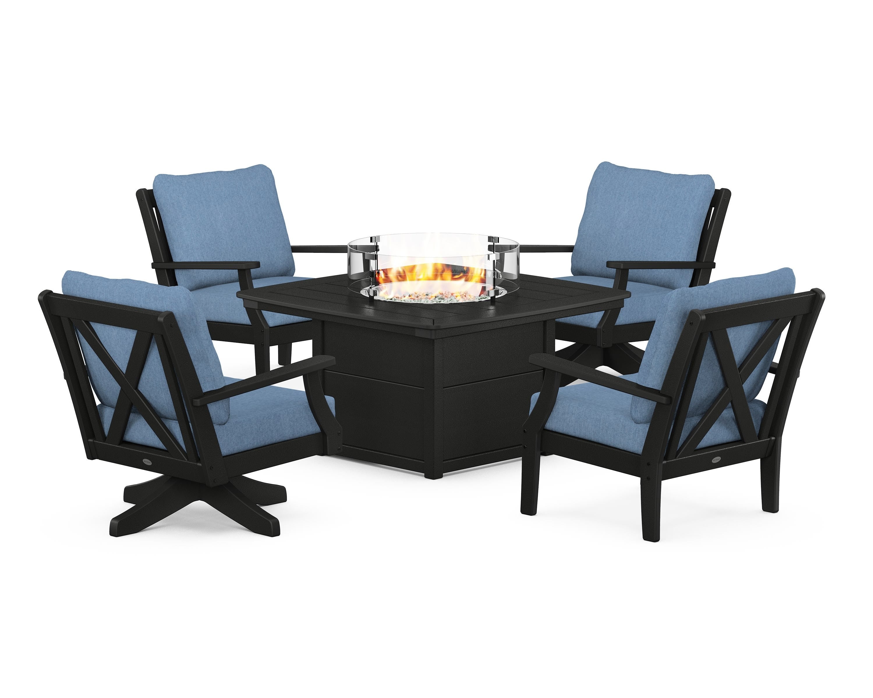 POLYWOOD Braxton 5-Piece Deep Seating Set with Fire Table in Black / Sky Blue