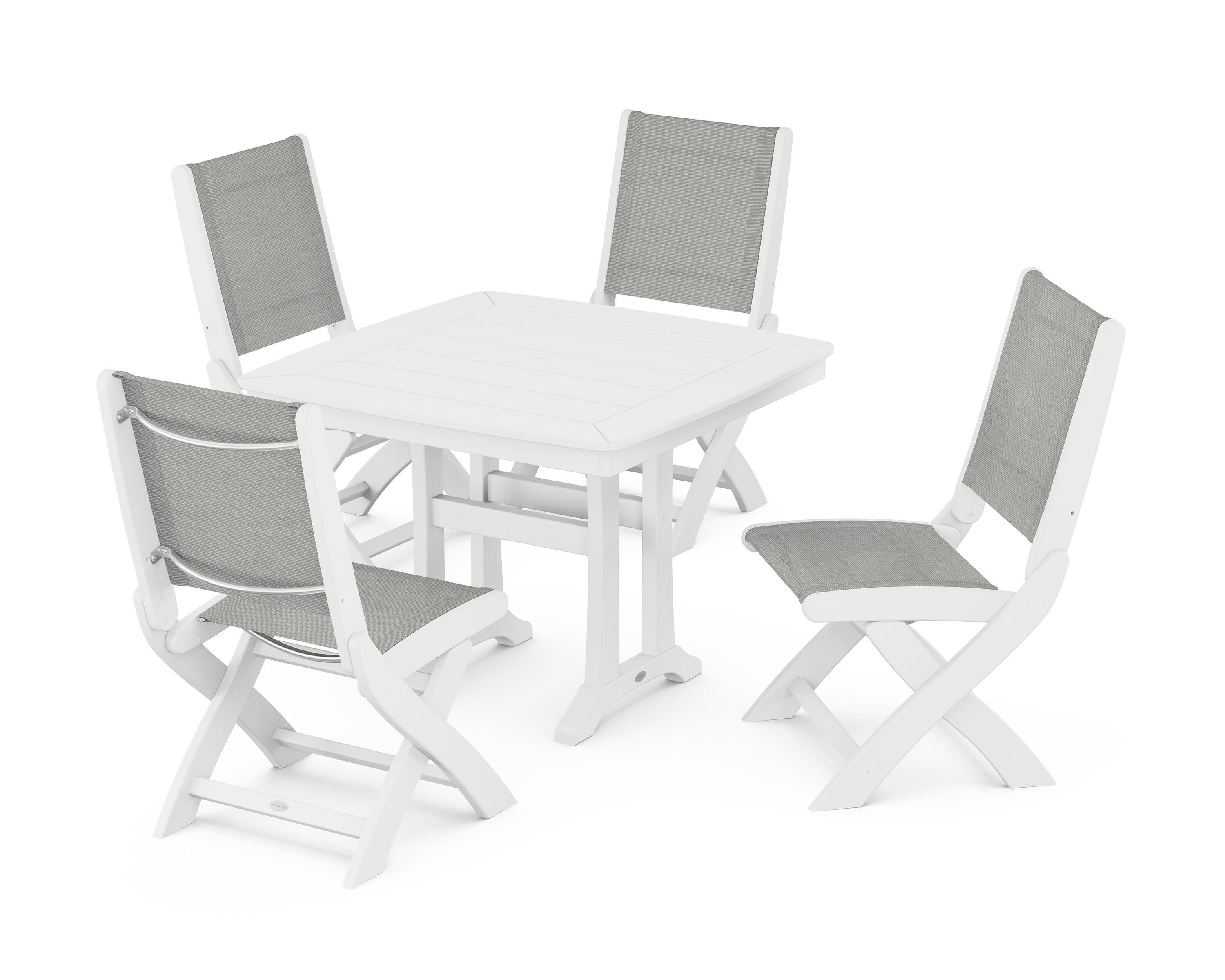 POLYWOOD Coastal Folding Side Chair 5-Piece Dining Set with Trestle Legs in White / Metallic Sling