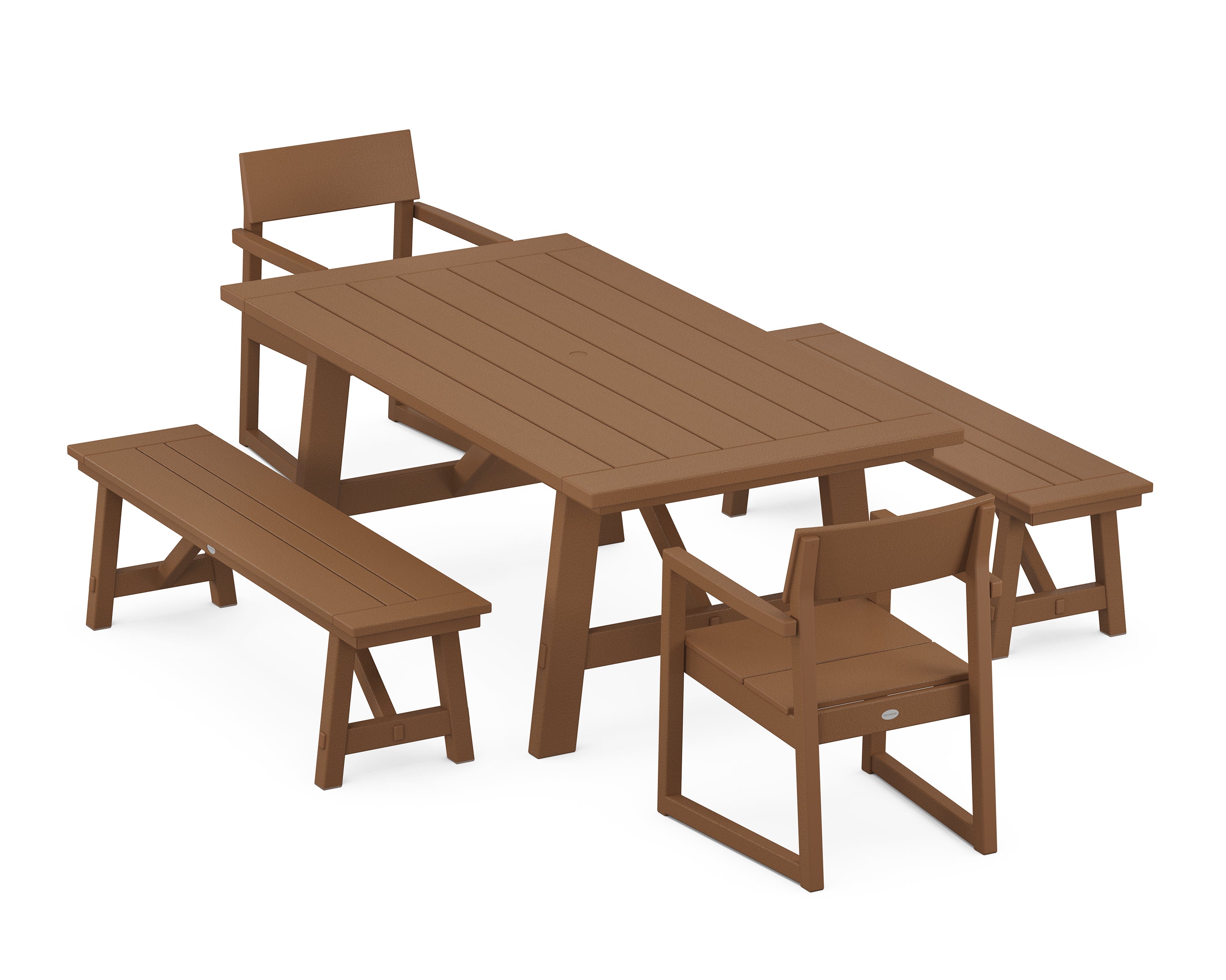 POLYWOOD® EDGE 5-Piece Rustic Farmhouse Dining Set With Benches in Teak