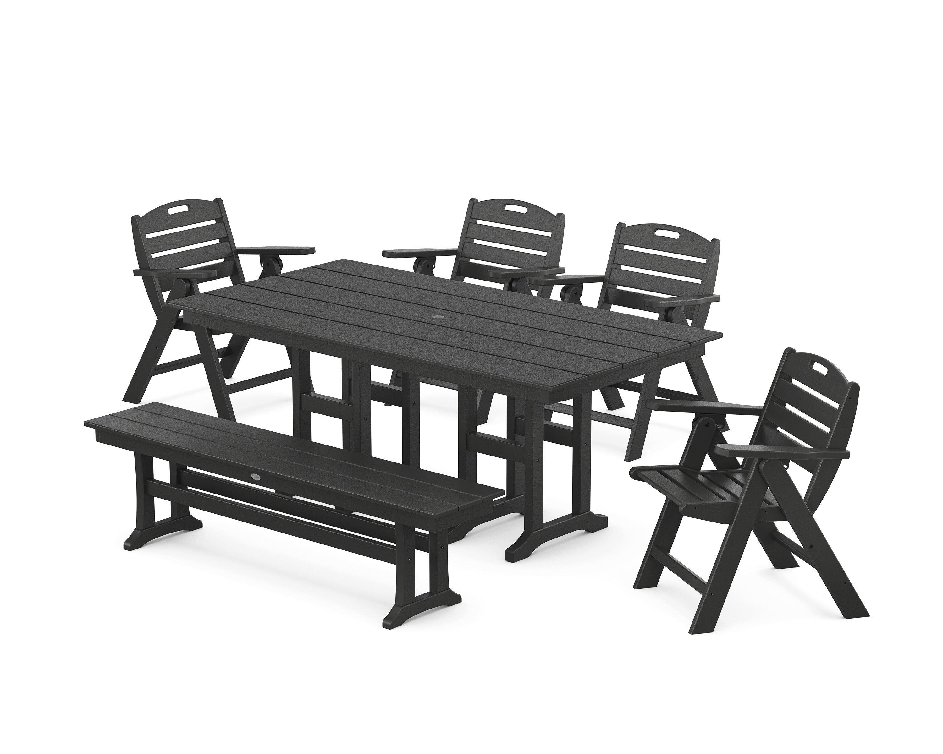 POLYWOOD Nautical Lowback 6-Piece Farmhouse Dining Set with Bench in Black