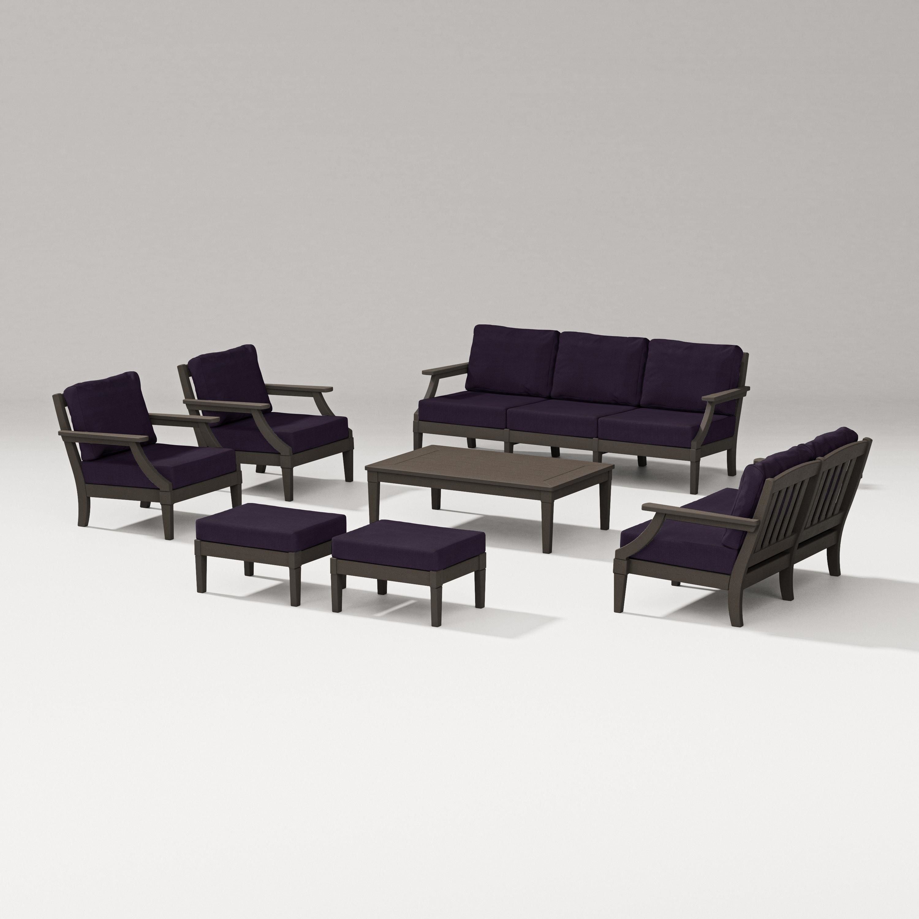 PW Designer Series Estate 7-Piece Lounge Sofa Set in Vintage Coffee / Navy Linen