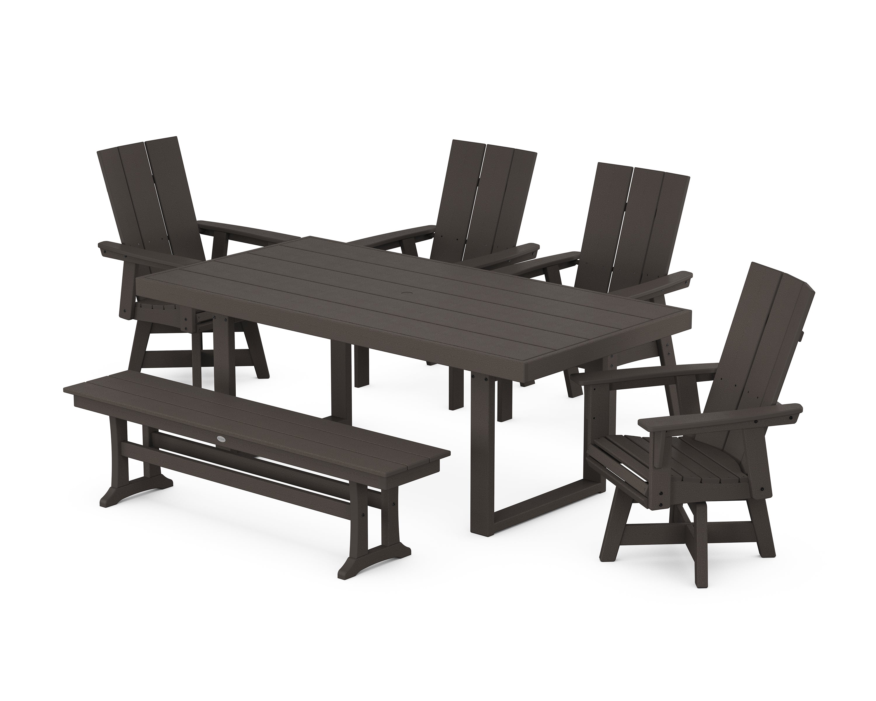 POLYWOOD® Modern Curveback Adirondack Swivel Chair 6-Piece Dining Set with Bench in Vintage Coffee
