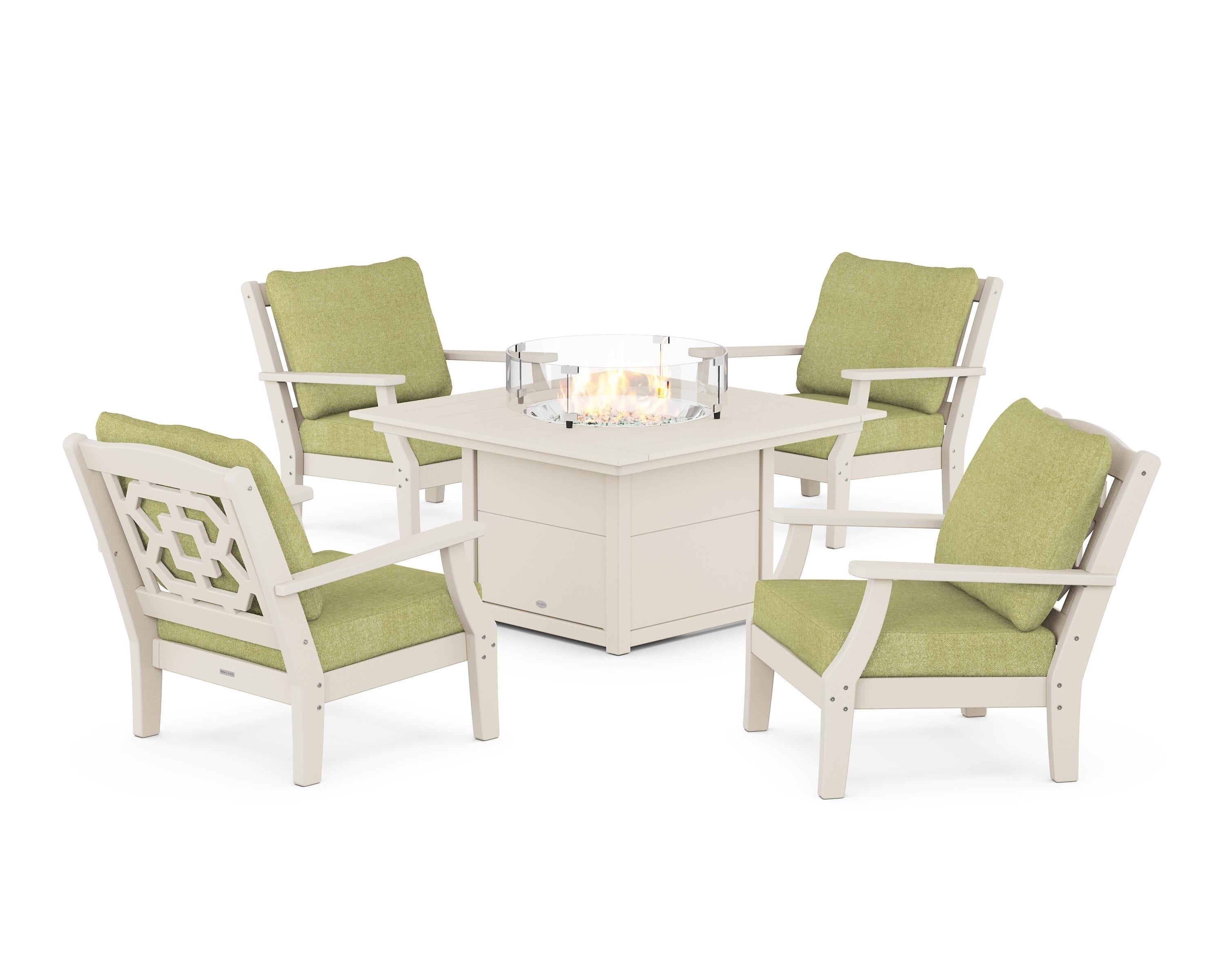 Martha Stewart by POLYWOOD Chinoiserie 5-Piece Deep Seating Set with Fire Pit Table in Sand / Chartreuse Boucle