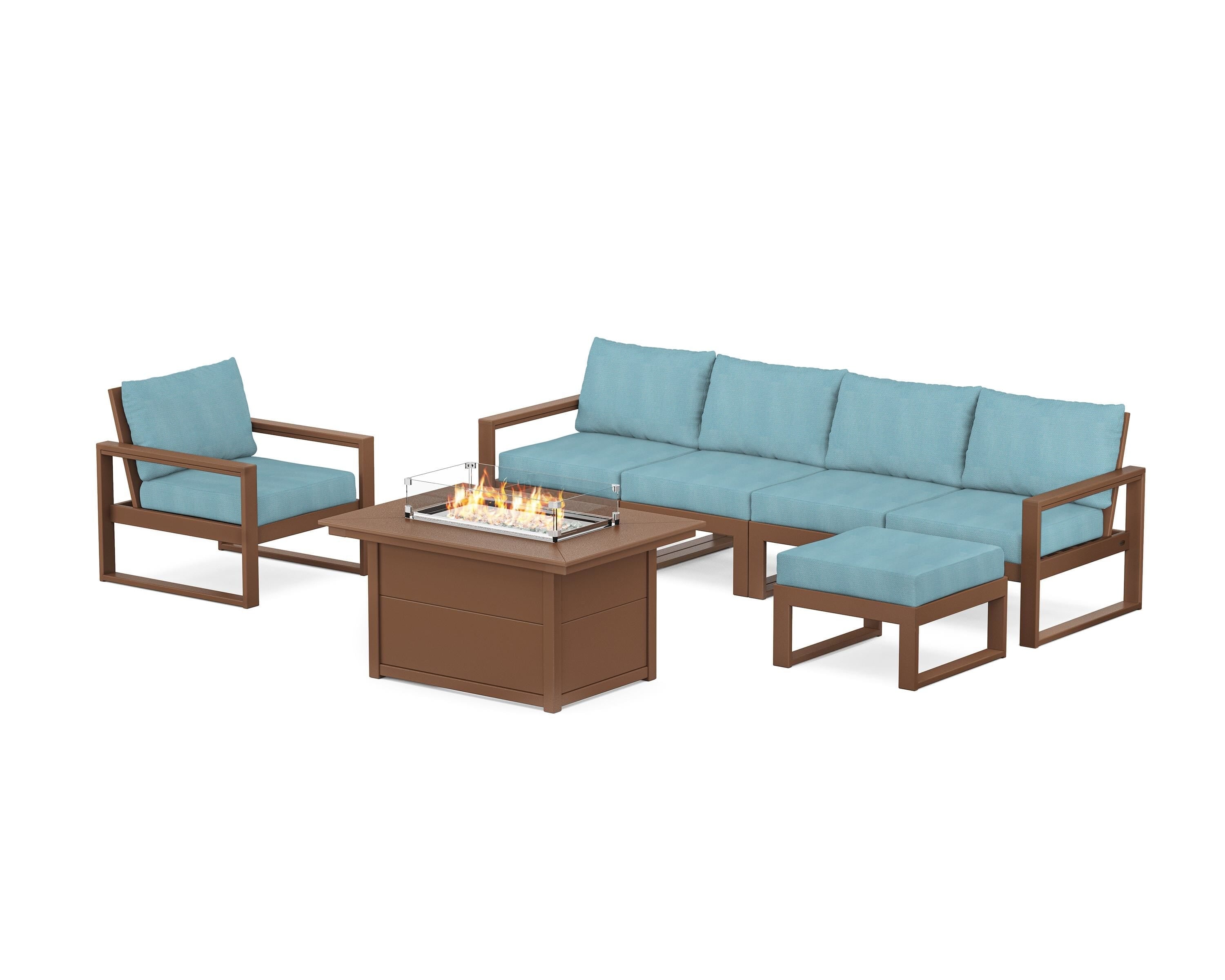 POLYWOOD EDGE Sectional Lounge and Fire Pit Set in Teak / Lattice Sky Blue
