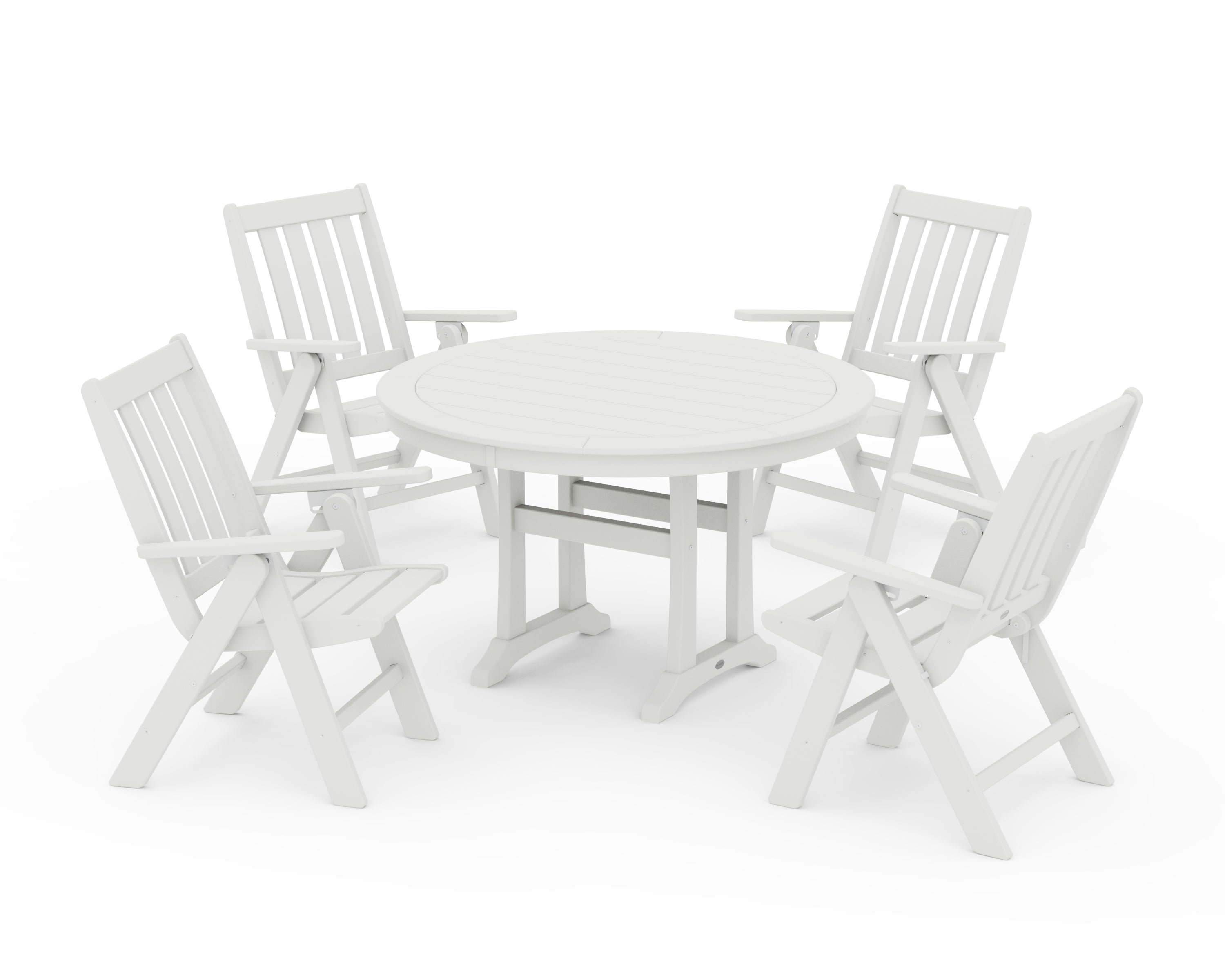 POLYWOOD Vineyard Folding Chair 5-Piece Round Dining Set with Trestle Legs in Vintage White