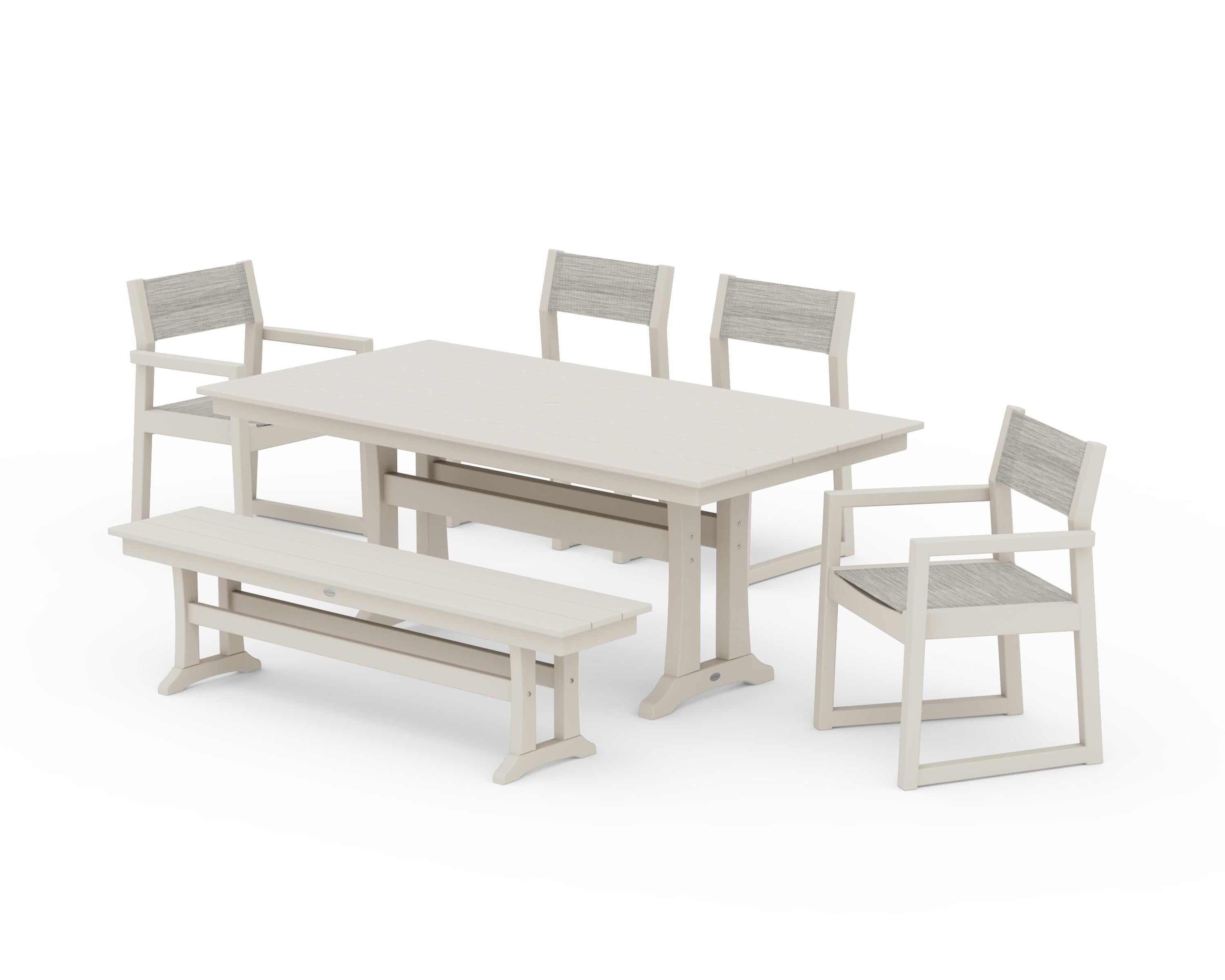 POLYWOOD EDGE Sling 6-Piece Farmhouse Dining Set With Trestle Legs in Sand / Birch Sling