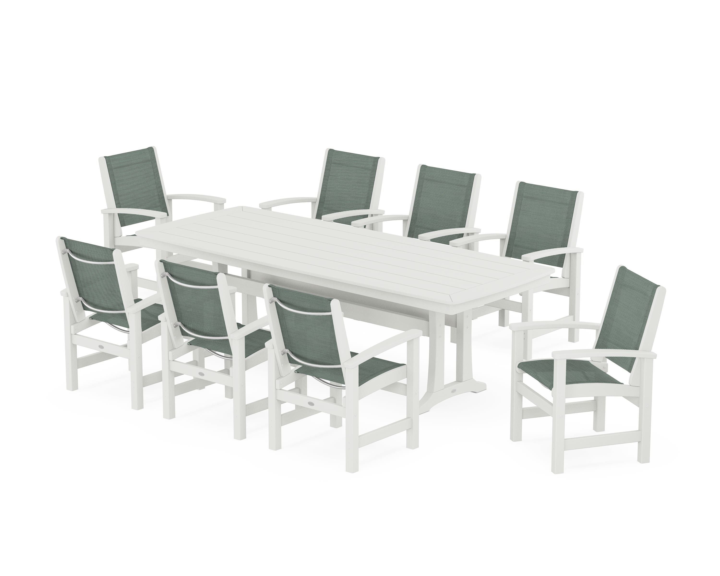 POLYWOOD Coastal 9-Piece Dining Set with Trestle Legs in Vintage White / Dupioni Sea Mist Sling
