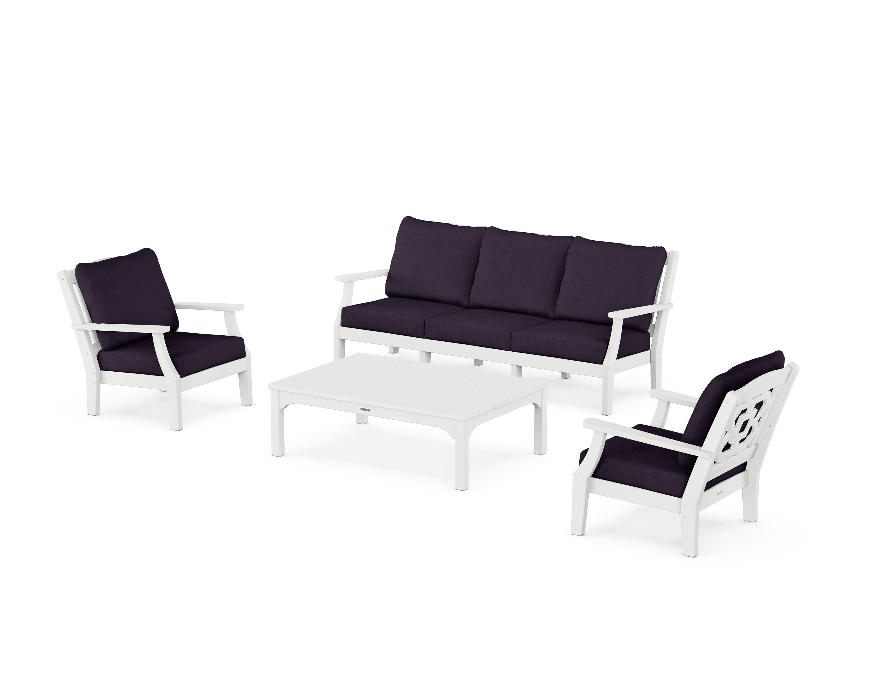 Martha Stewart by POLYWOOD Chinoiserie 4-Piece Deep Seating Set with Sofa in White / Navy Linen