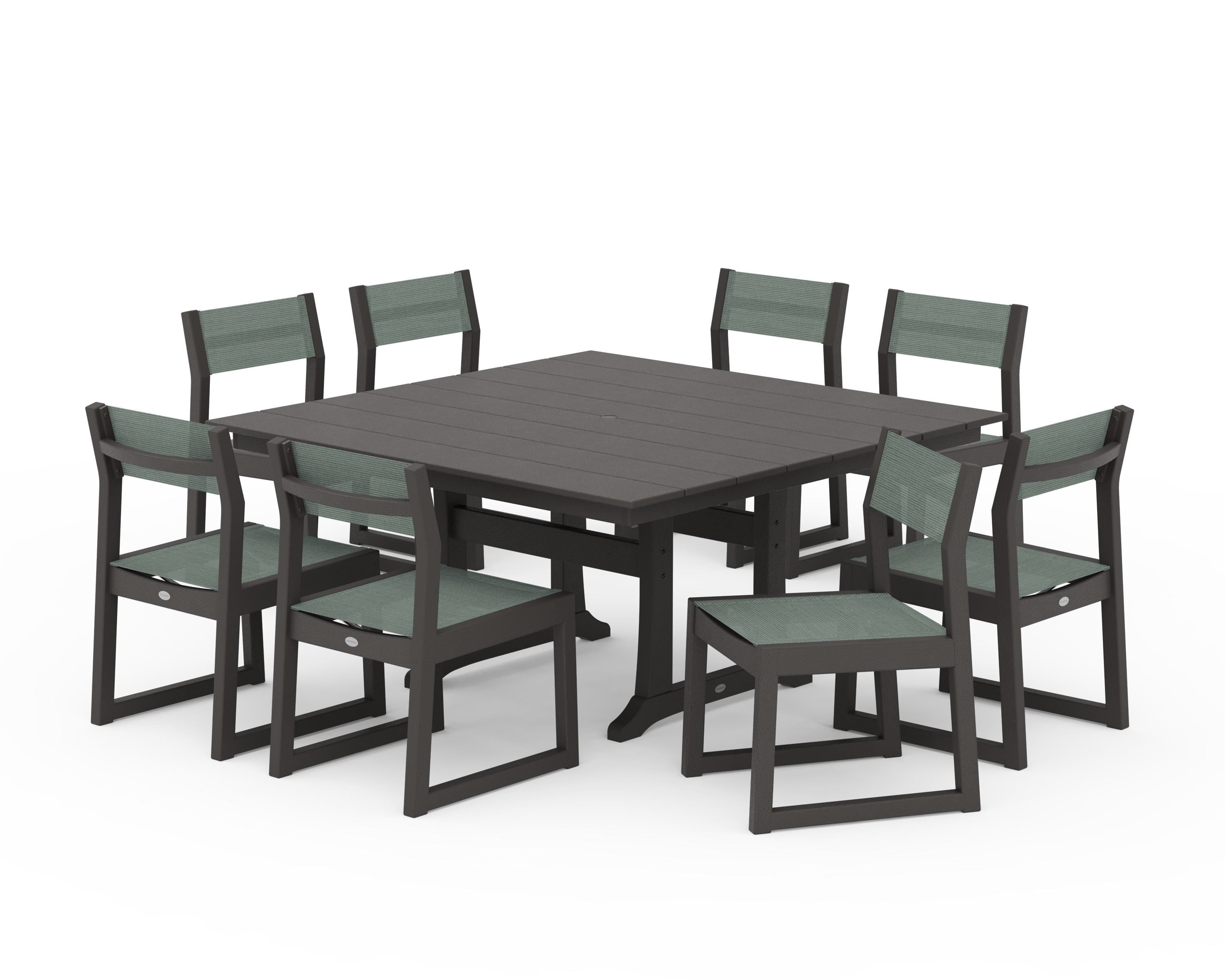 POLYWOOD EDGE Sling Side Chair 9-Piece Farmhouse Trestle Dining Set in Vintage Coffee / Dupioni Sea Mist Sling