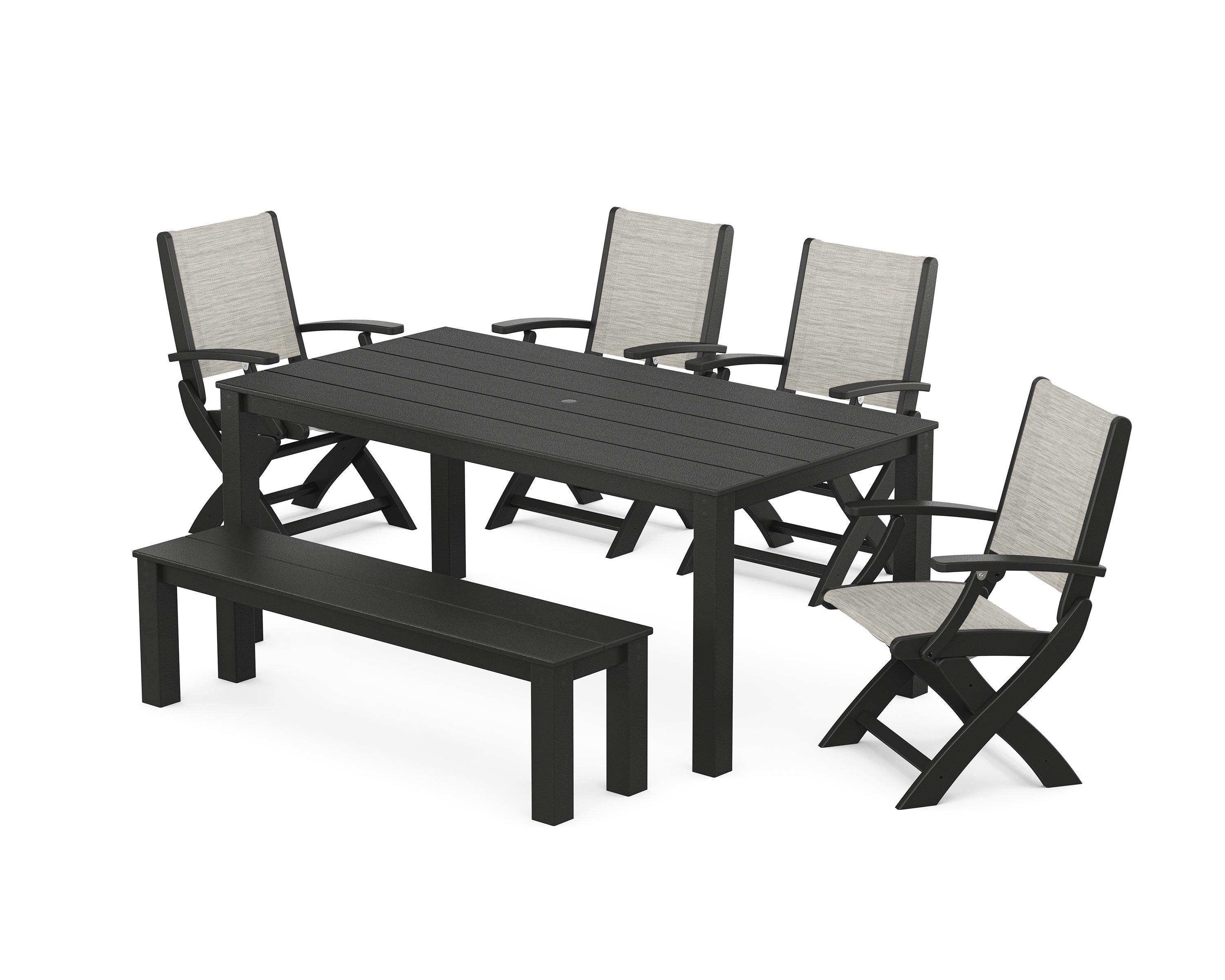 POLYWOOD Coastal Folding Chair 6-Piece Parsons Dining Set with Bench in Black / Birch Sling