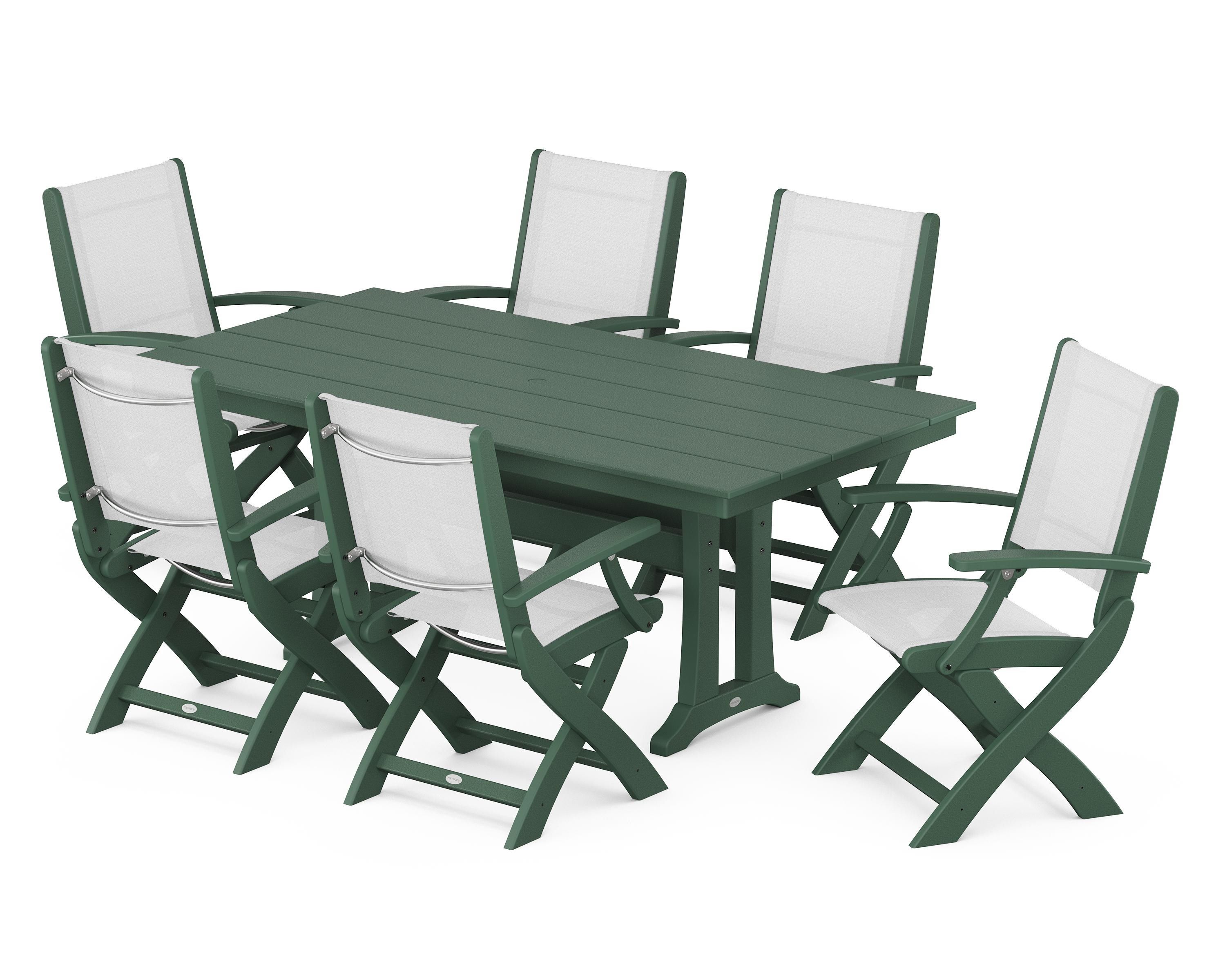 POLYWOOD Coastal Folding Arm Chair 7-Piece Farmhouse Dining Set with Trestle Legs in Green / White Sling