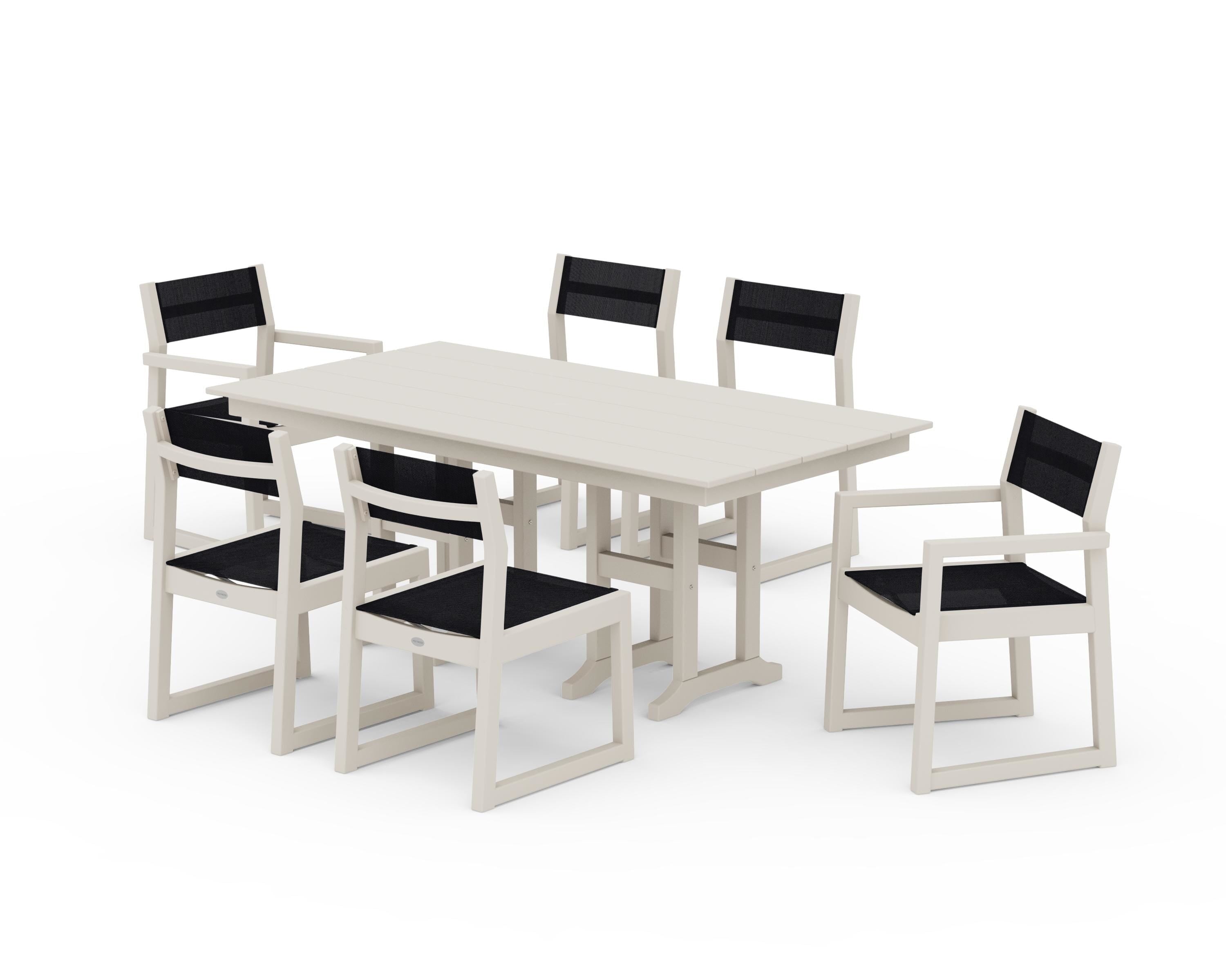 POLYWOOD EDGE Sling 7-Piece Farmhouse Dining Set in Sand / Black Sling