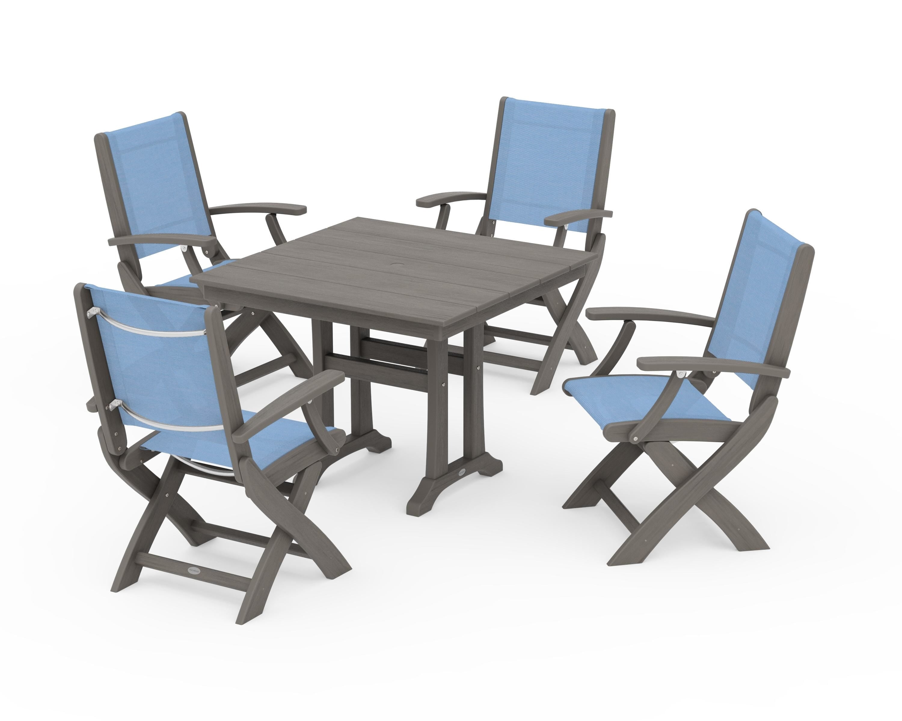 POLYWOOD Coastal Folding Chair 5-Piece Farmhouse Dining Set With Trestle Legs in Driftwood / Poolside Sling