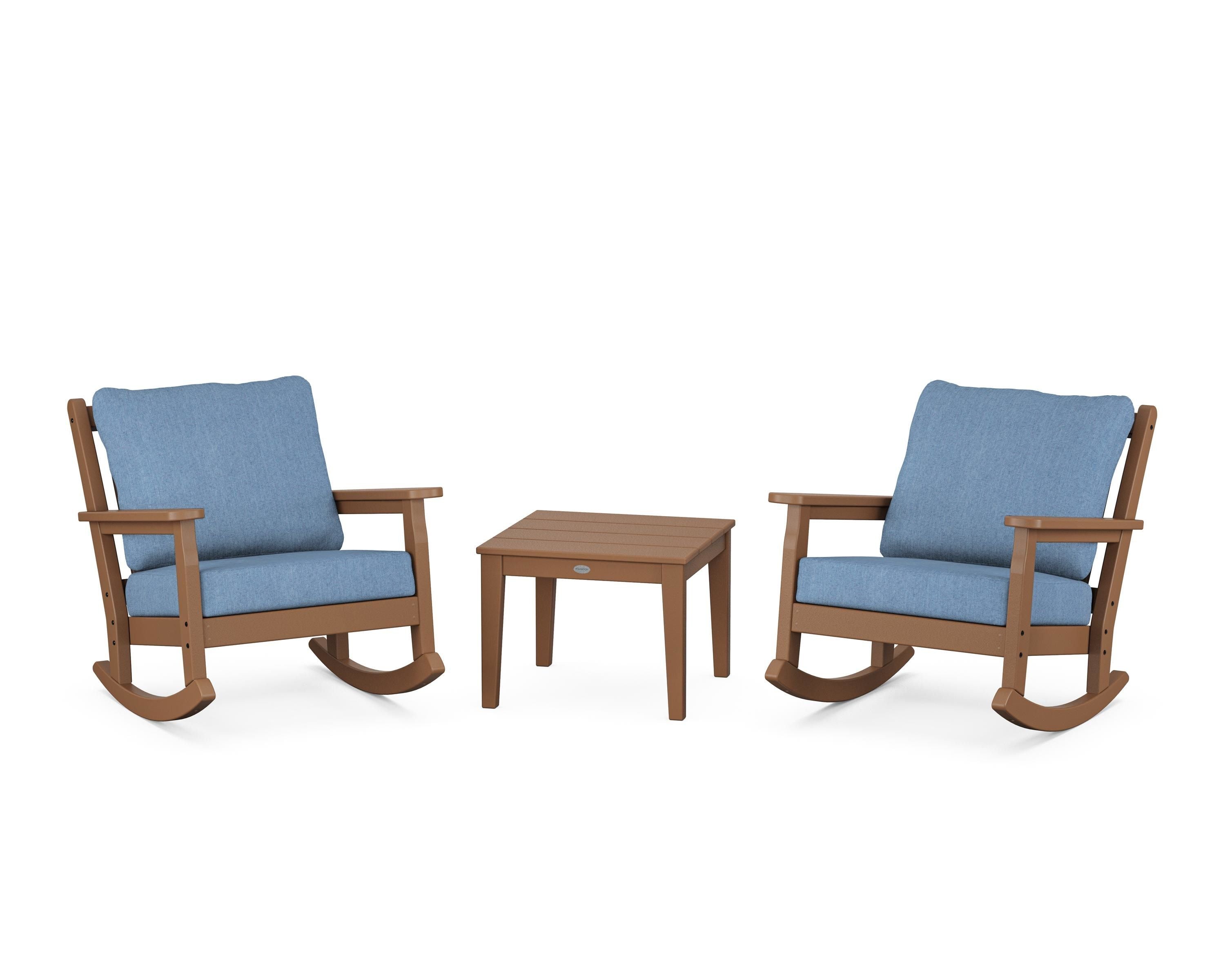 POLYWOOD Chippendale 3-Piece Deep Seating Rocker Set in Teak / Sky Blue