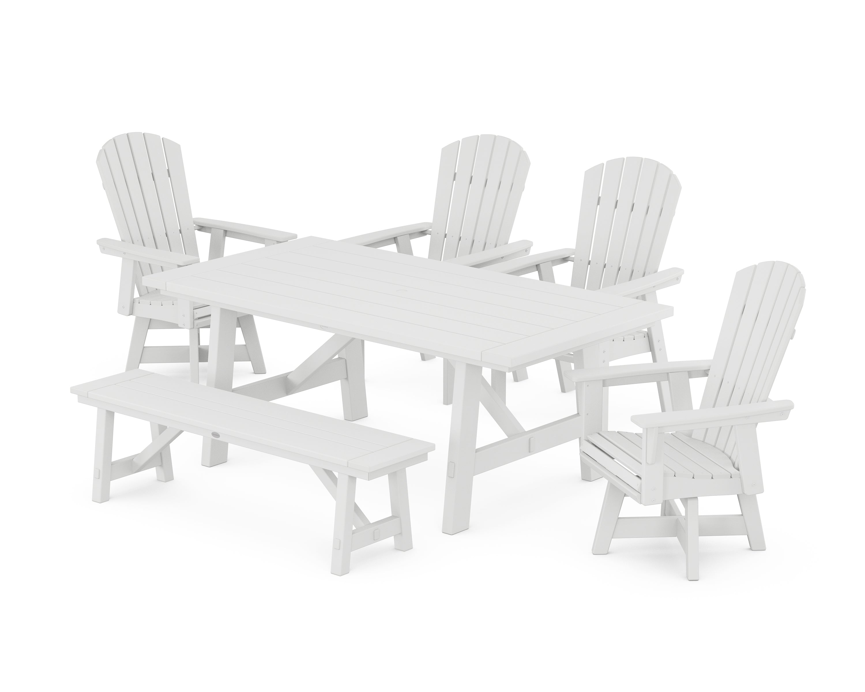 POLYWOOD® Nautical Adirondack Swivel 6-Piece Rustic Farmhouse Dining Set With Trestle Legs in White