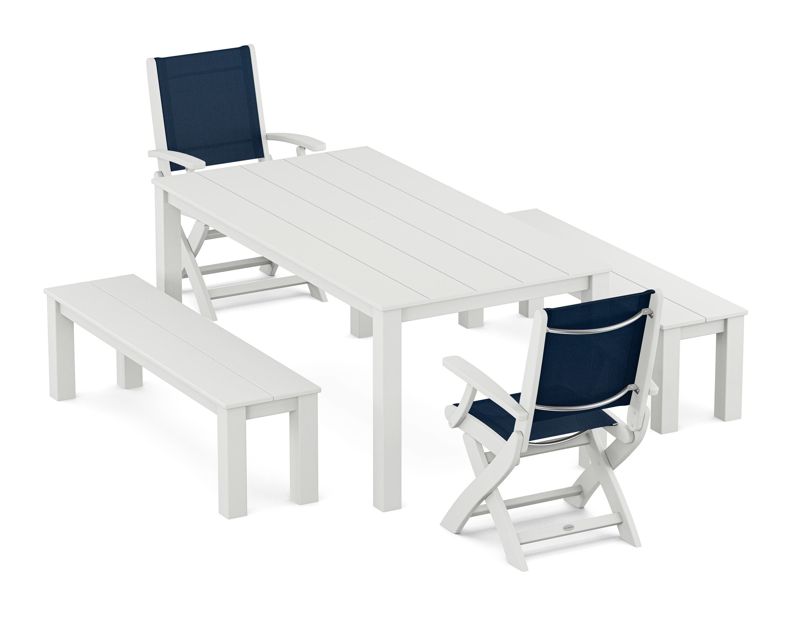 POLYWOOD Coastal Folding Chair 5-Piece Parsons Dining Set with Benches in White / Navy Blue Sling