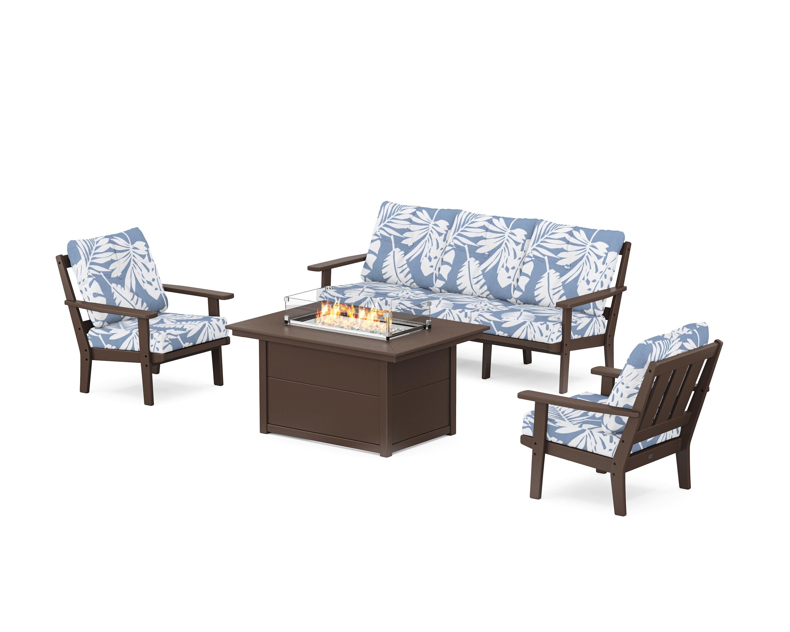 POLYWOOD Oxford Deep Seating Fire Pit Table Set in Mahogany / Leaf Sky Blue
