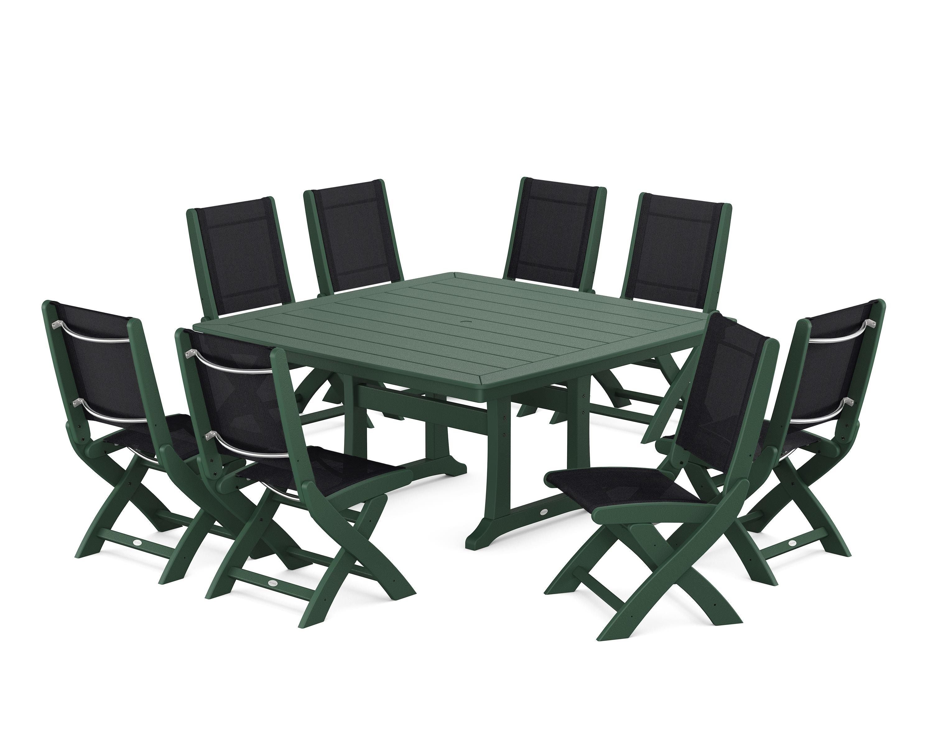 POLYWOOD Coastal Folding Side Chair 9-Piece Dining Set with Trestle Legs in Green / Black Sling