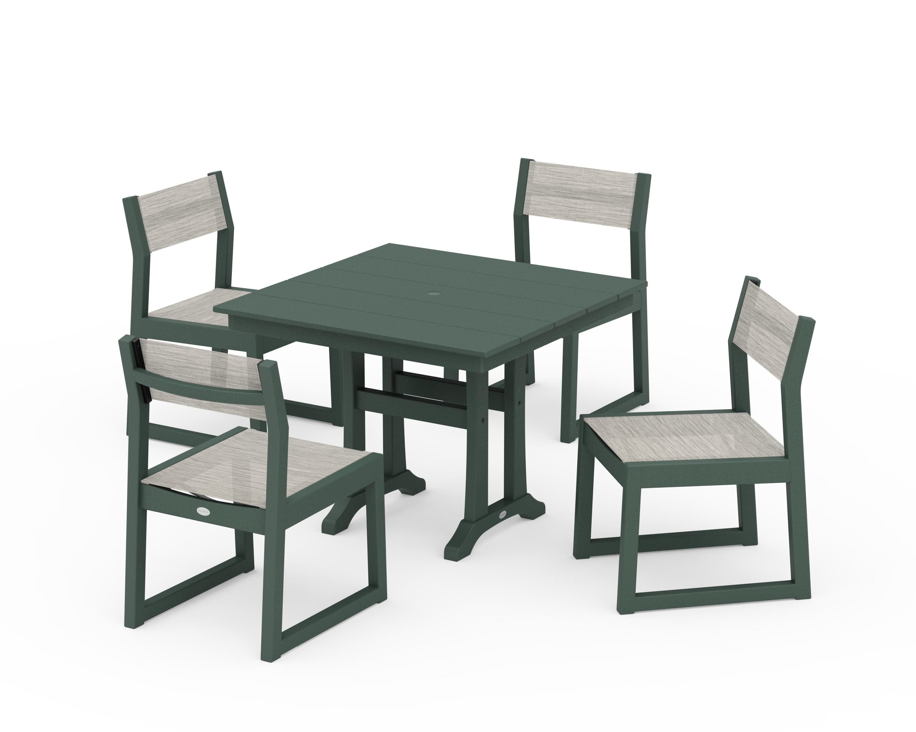 POLYWOOD EDGE Sling 5-Piece Farmhouse Trestle Side Chair Dining Set in Green / Birch Sling