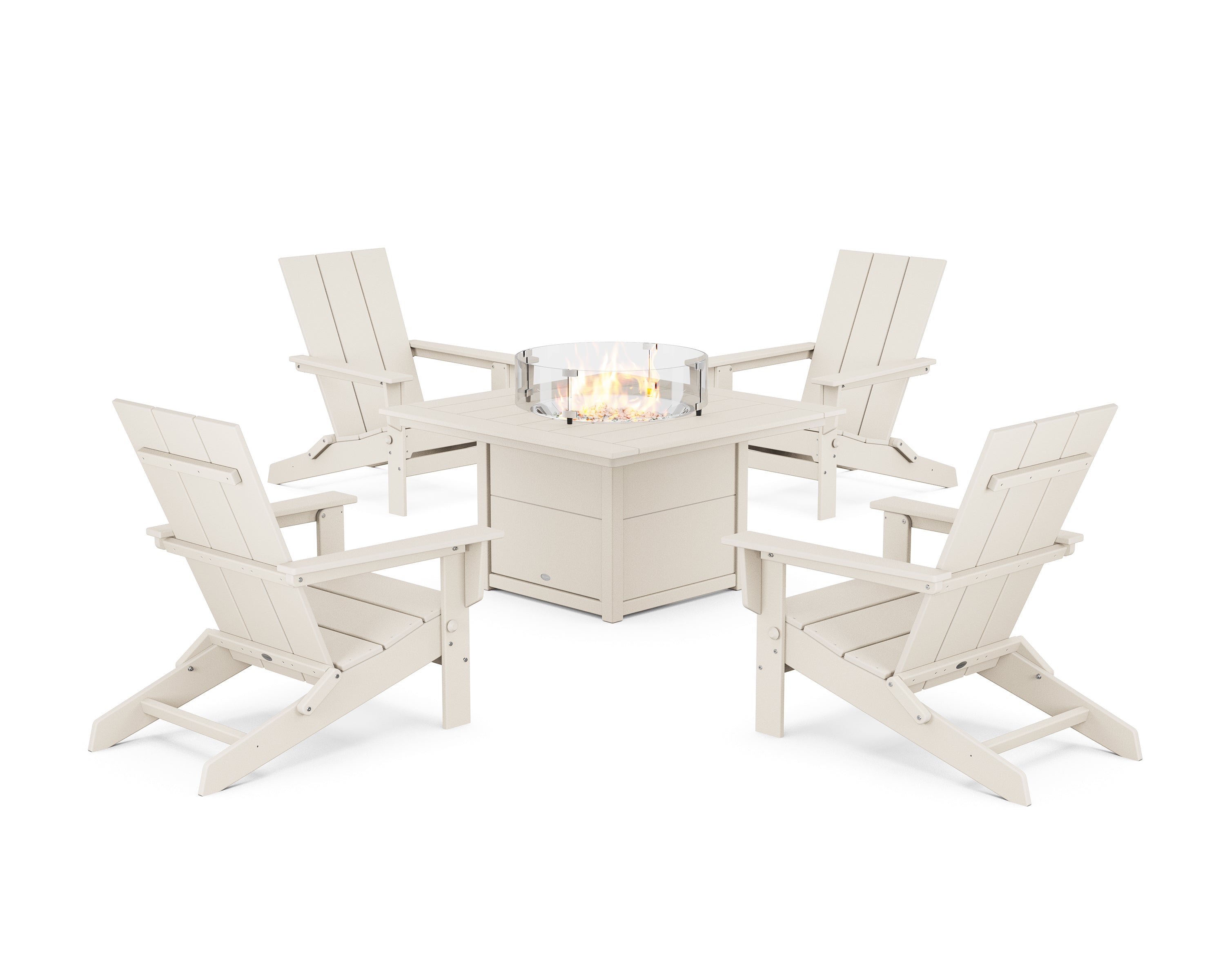 POLYWOOD® 5-Piece Modern Studio Folding Adirondack Conversation Set with Fire Pit Table in Sand