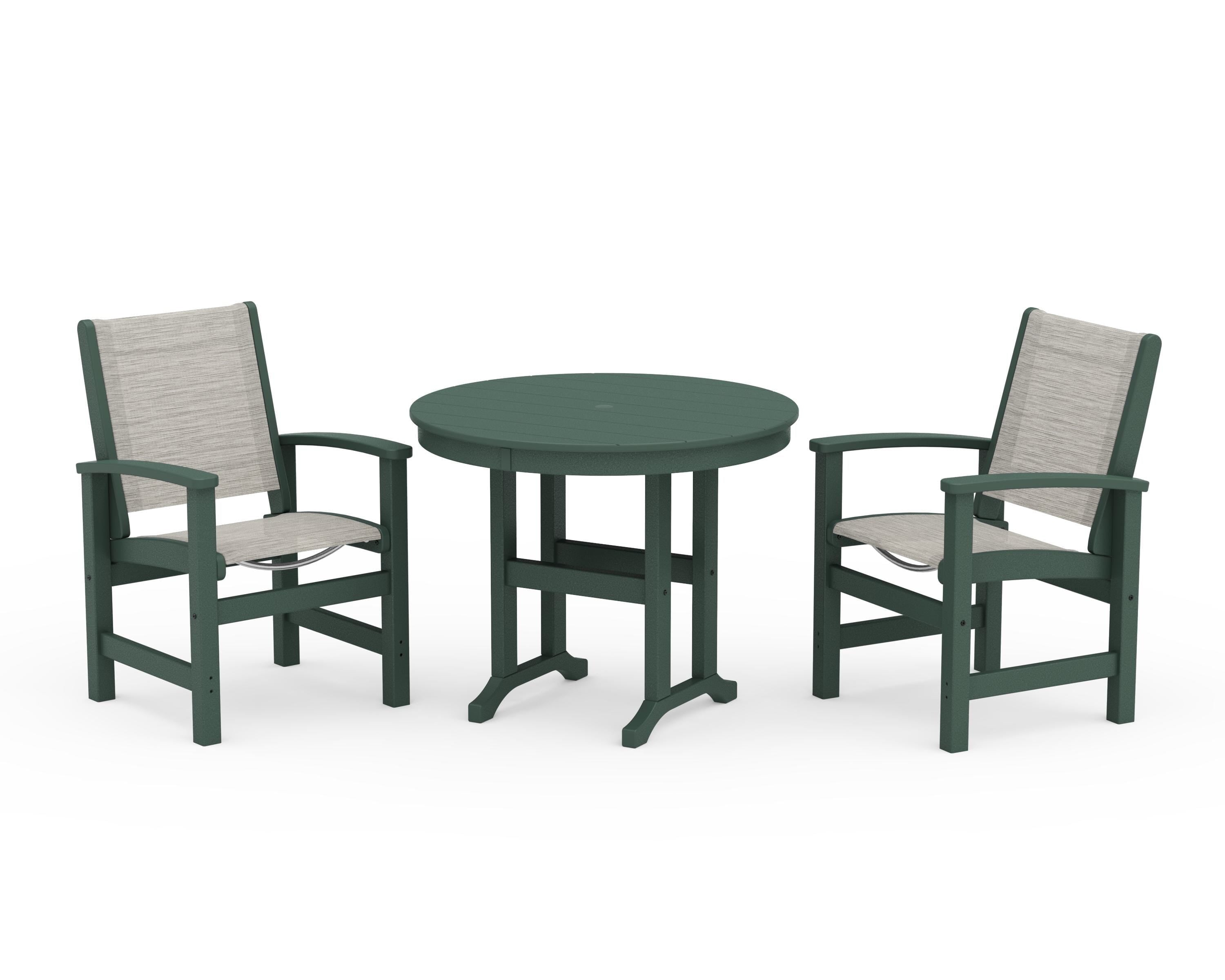 POLYWOOD Coastal 3-Piece Round Dining Set in Green / Birch Sling
