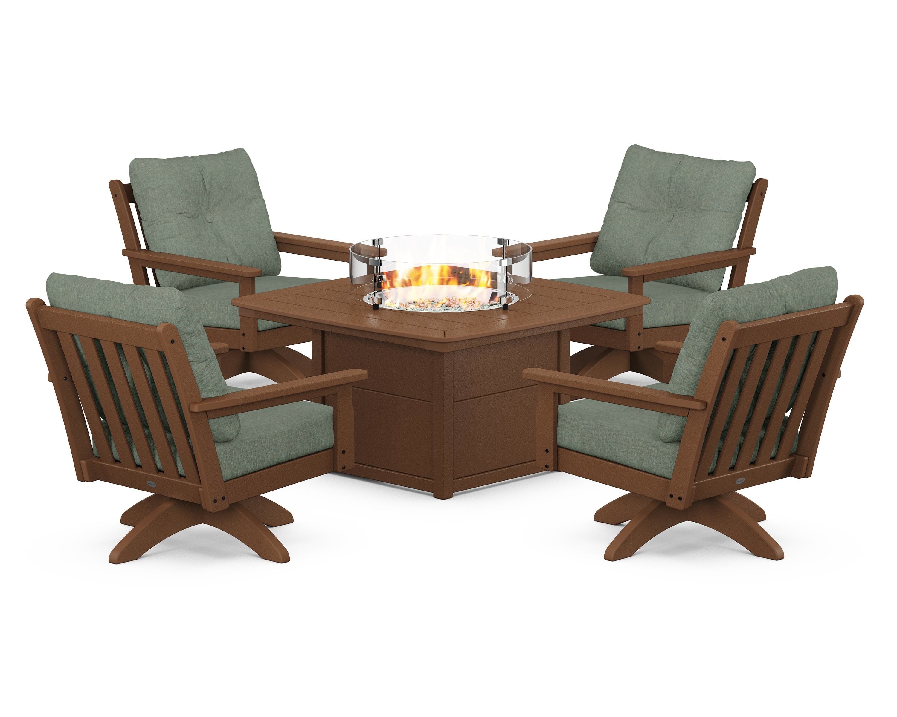 POLYWOOD Vineyard 5-Piece Deep Seating Swivel Conversation Set with Fire Pit Table in Teak / Cast Sage