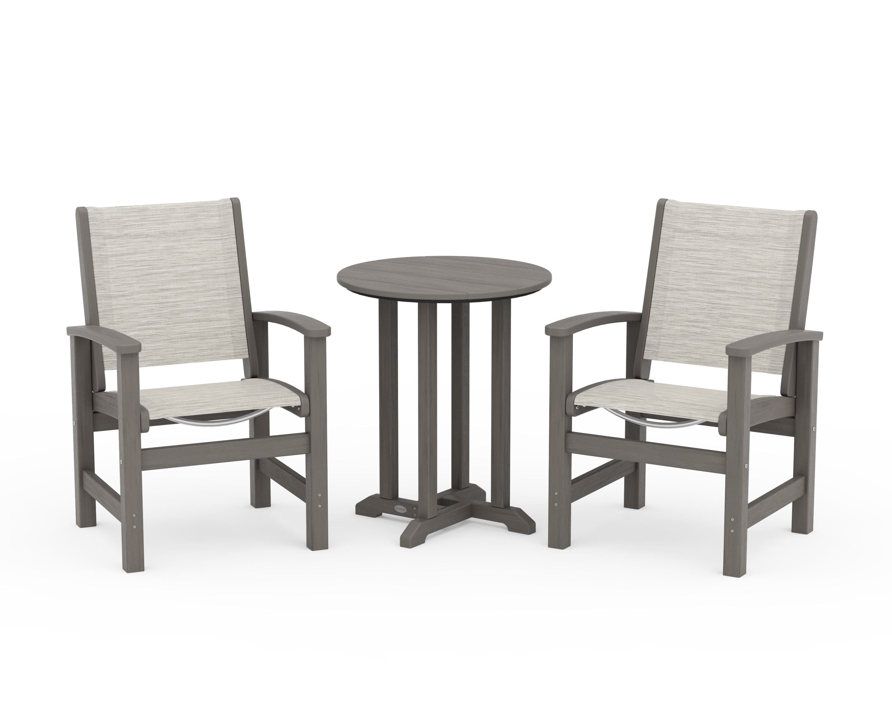 POLYWOOD Coastal 3-Piece Round Bistro Dining Set in Driftwood / Birch Sling