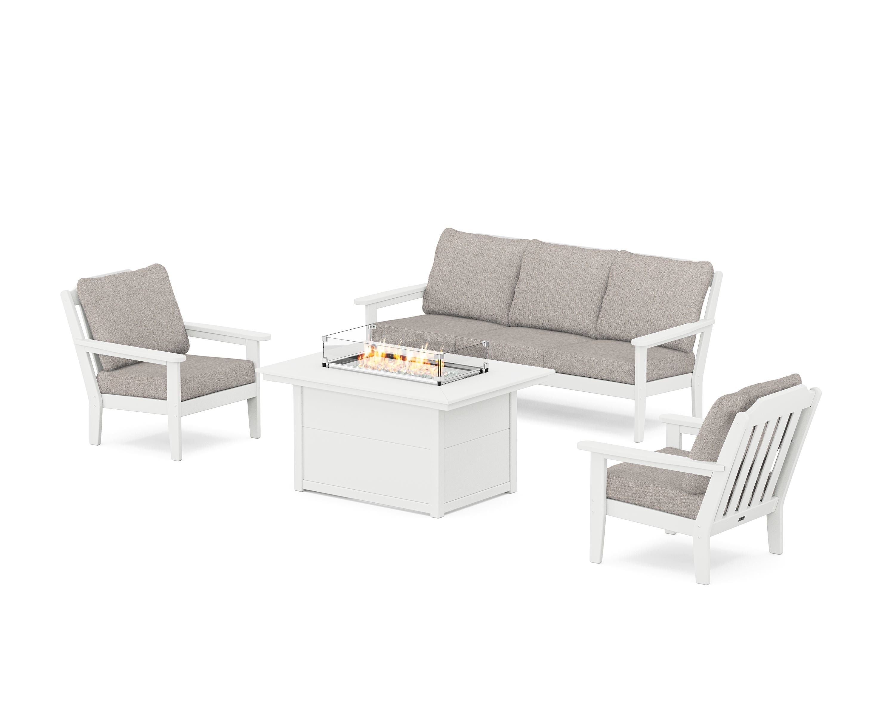 Country Living Cottage Deep Seating Fire Pit Table Set in White / Weathered Tweed