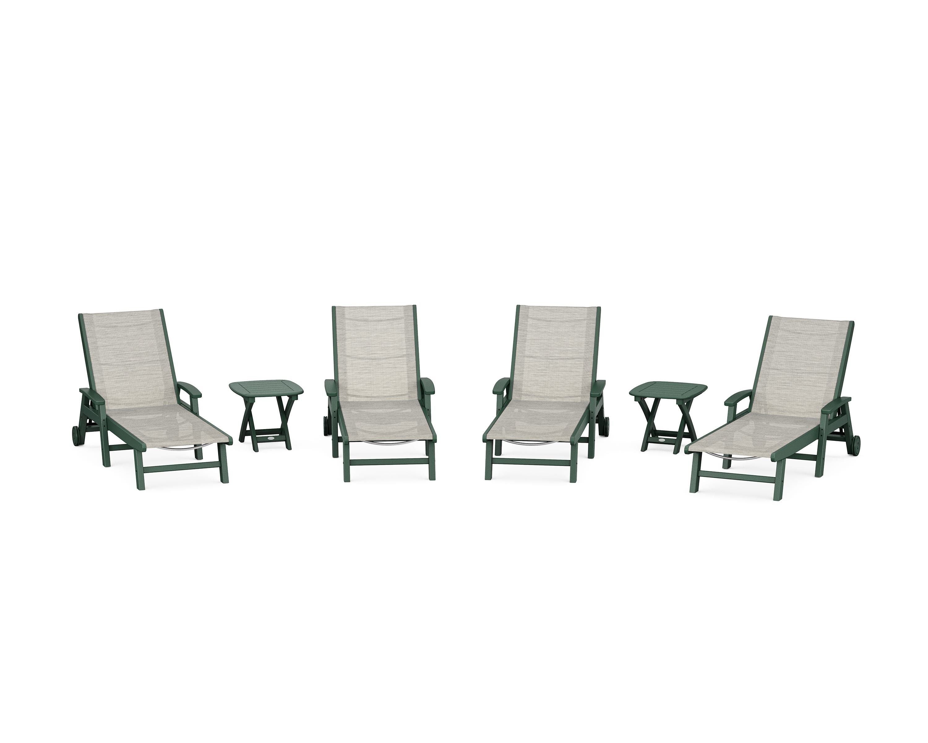 POLYWOOD Coastal Chaise 6-Piece Set with Wheels in Green / Birch Sling