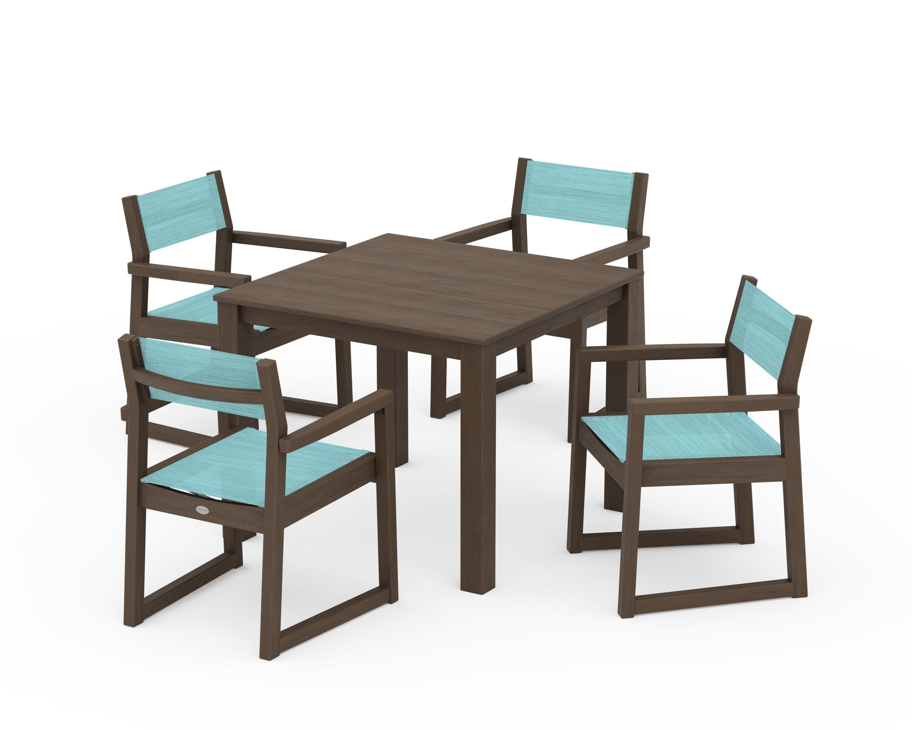 POLYWOOD EDGE Sling Arm Chair 5-Piece Parsons Dining Set in Kona / Dupioni Aquamarine Sling