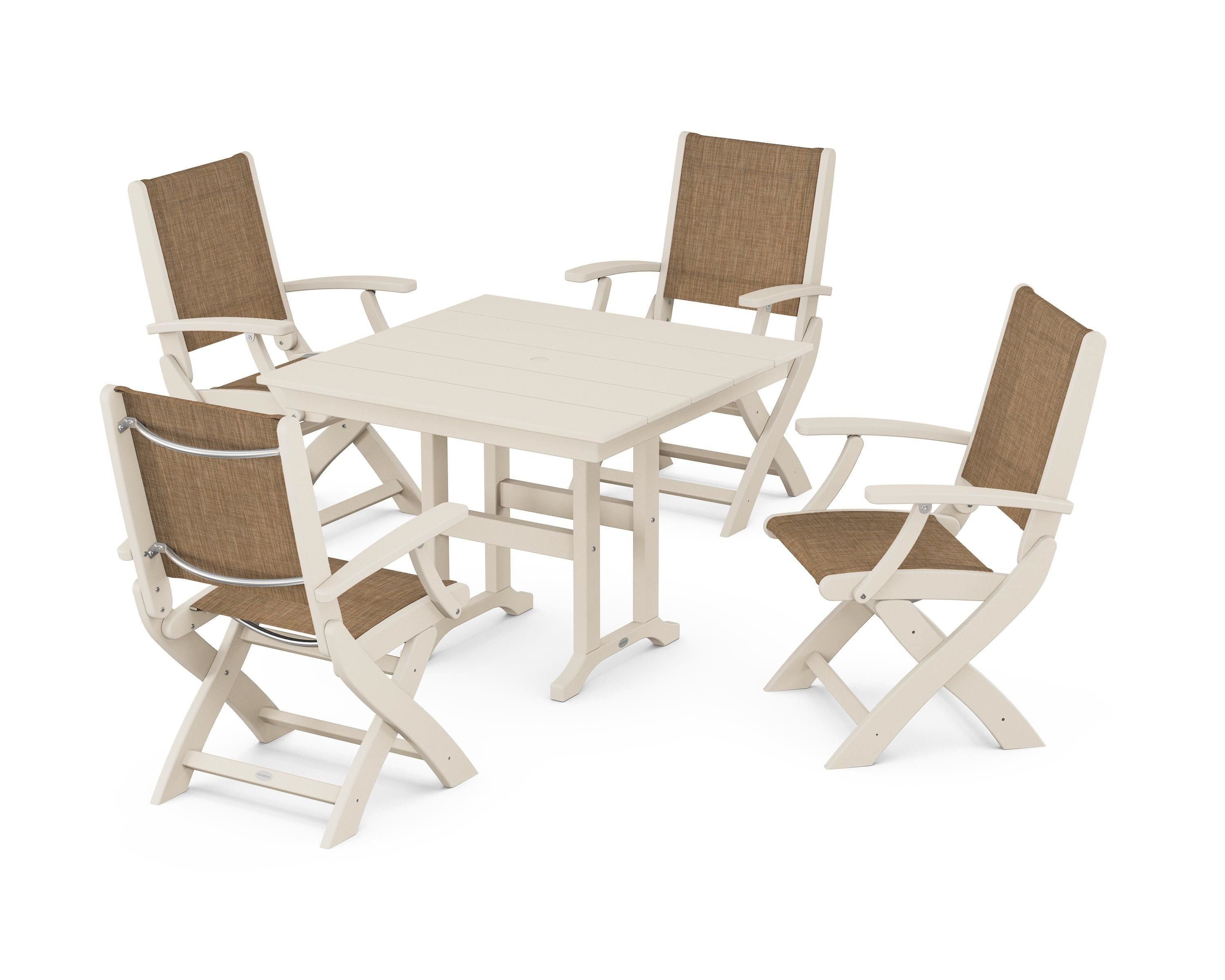 POLYWOOD Coastal Folding Chair 5-Piece Farmhouse Dining Set in Sand / Burlap Sling
