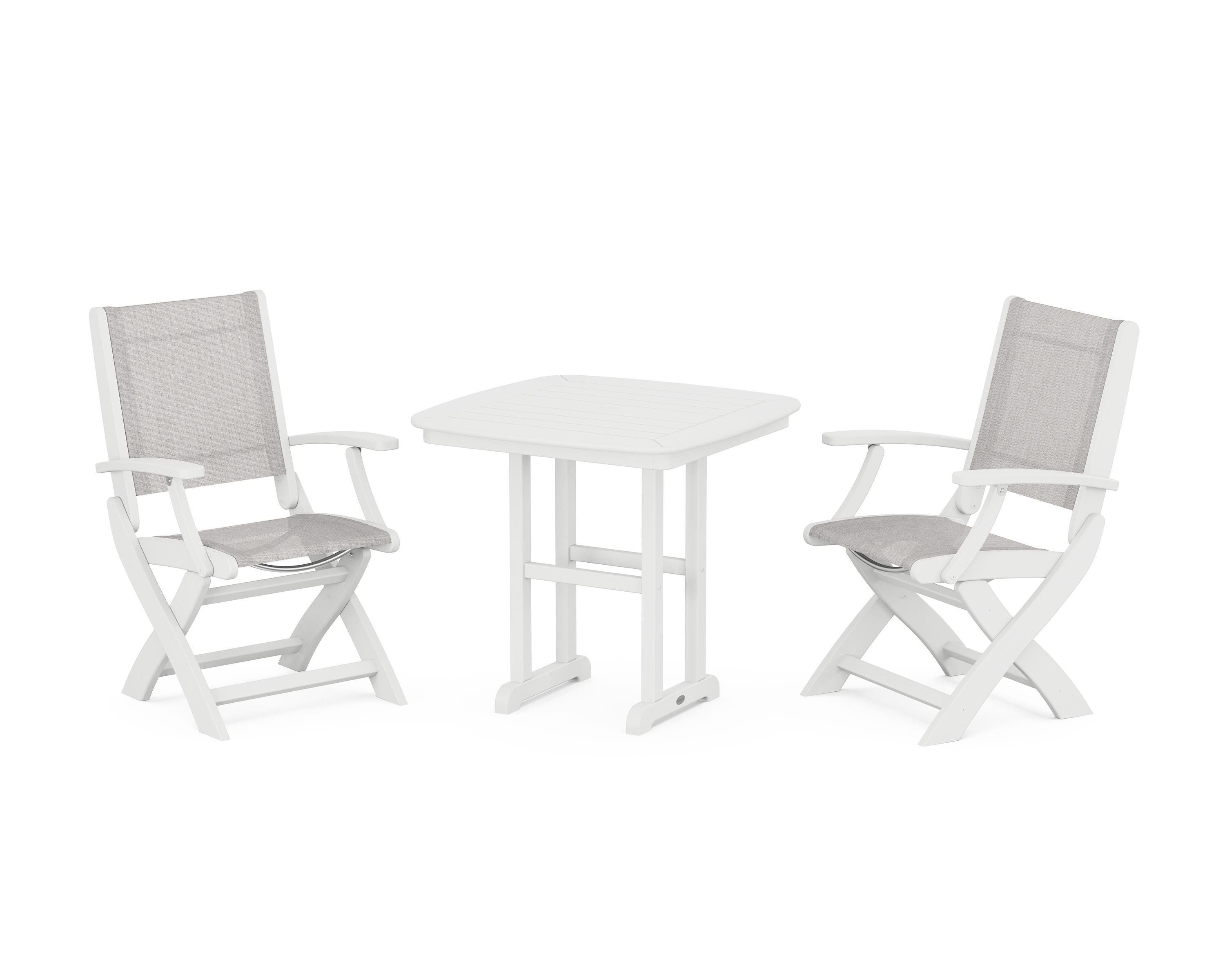 POLYWOOD Coastal Folding Chair 3-Piece Dining Set in White / Parchment Sling