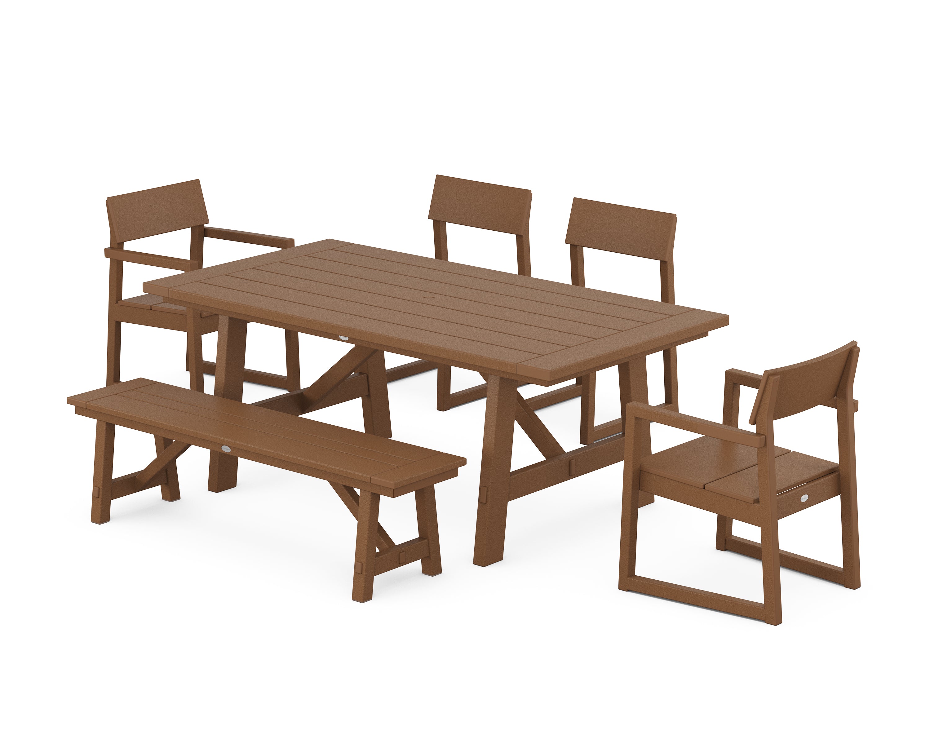 POLYWOOD® EDGE 6-Piece Rustic Farmhouse Dining Set with Bench in Teak