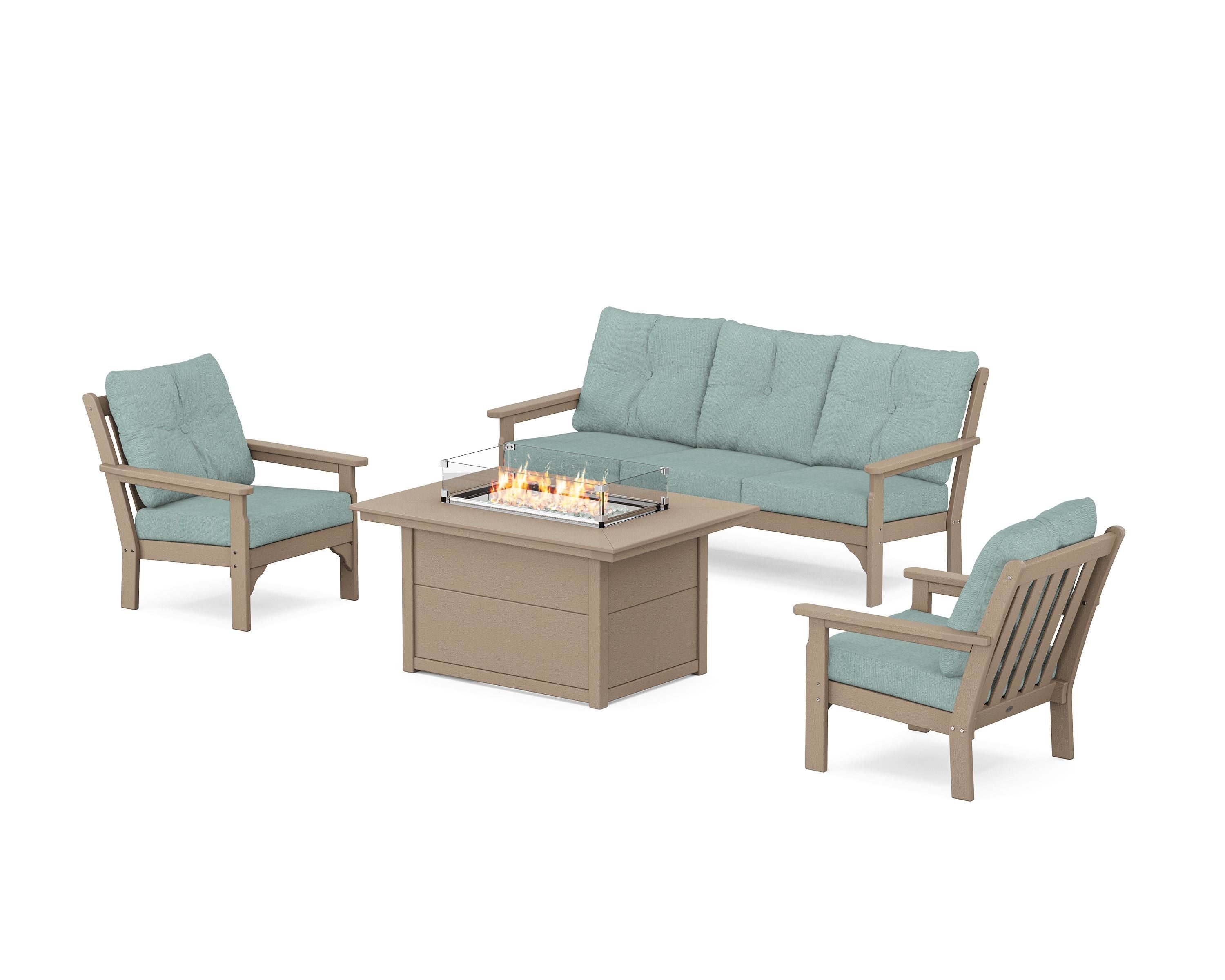 POLYWOOD Vineyard Deep Seating Fire Pit Table Set in Vintage Sahara / Glacier Spa