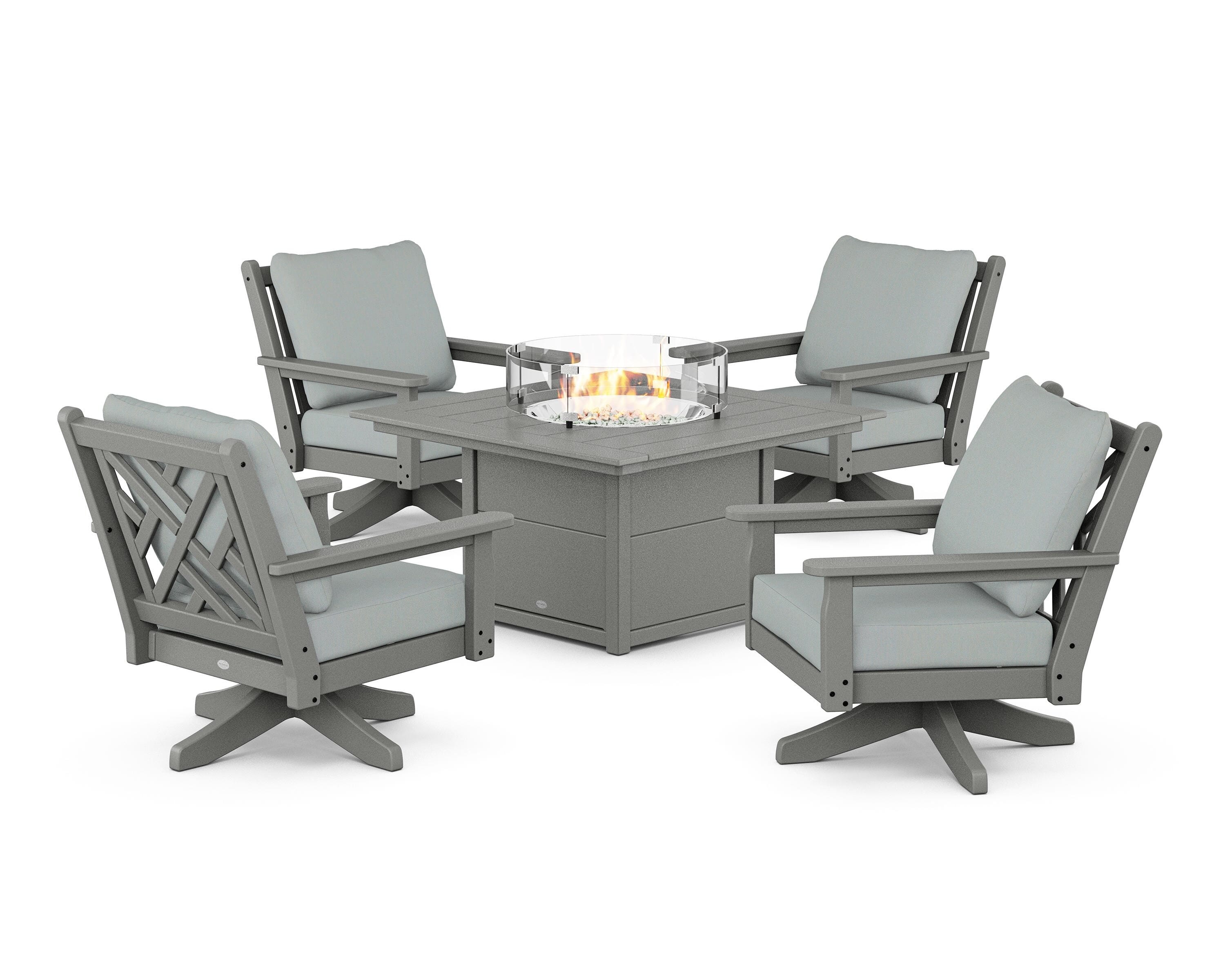 POLYWOOD Chippendale 5-Piece Deep Seating Swivel Conversation Set with Fire Pit Table in Slate Grey / Spa