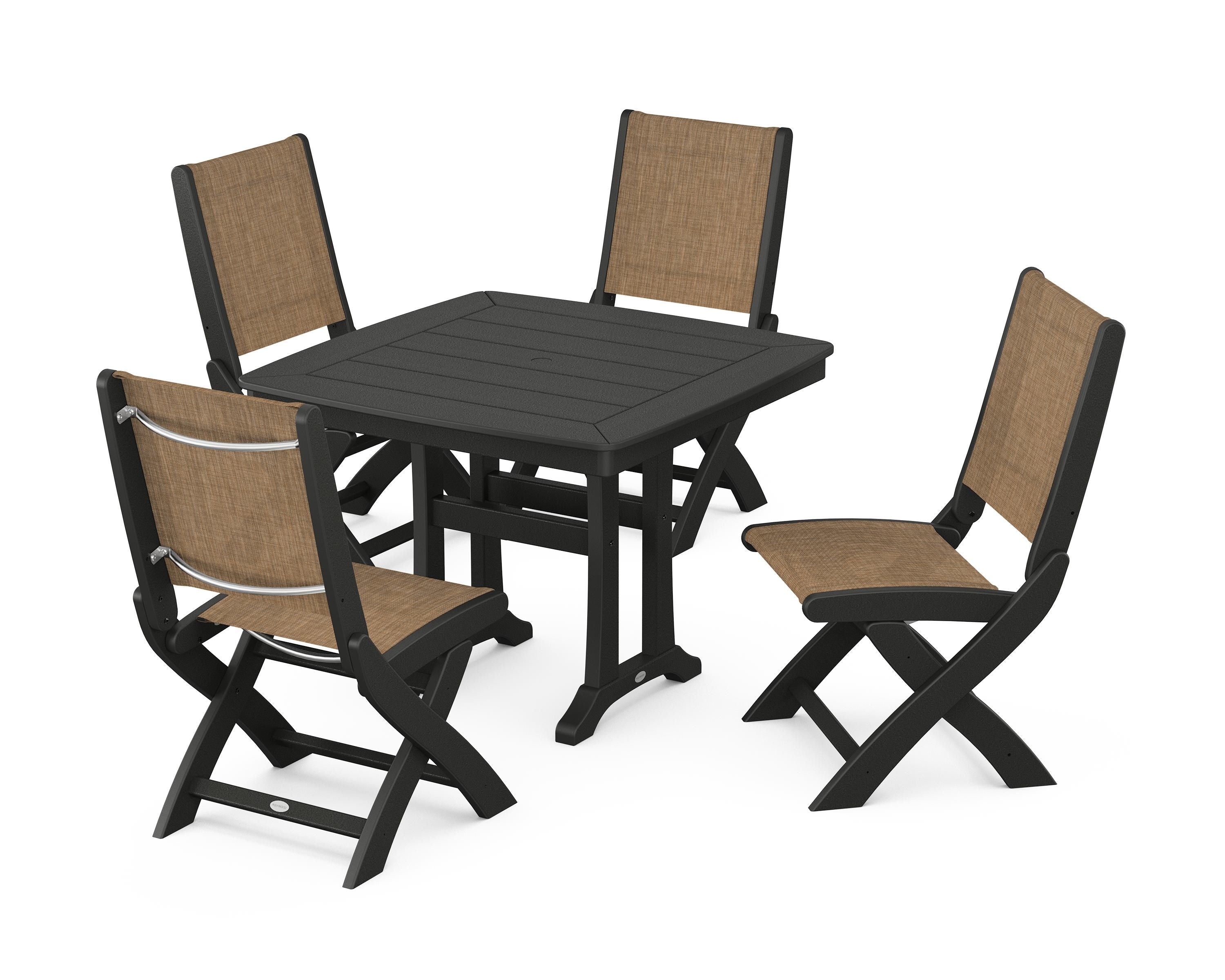 POLYWOOD Coastal Folding Side Chair 5-Piece Dining Set with Trestle Legs in Black / Burlap Sling