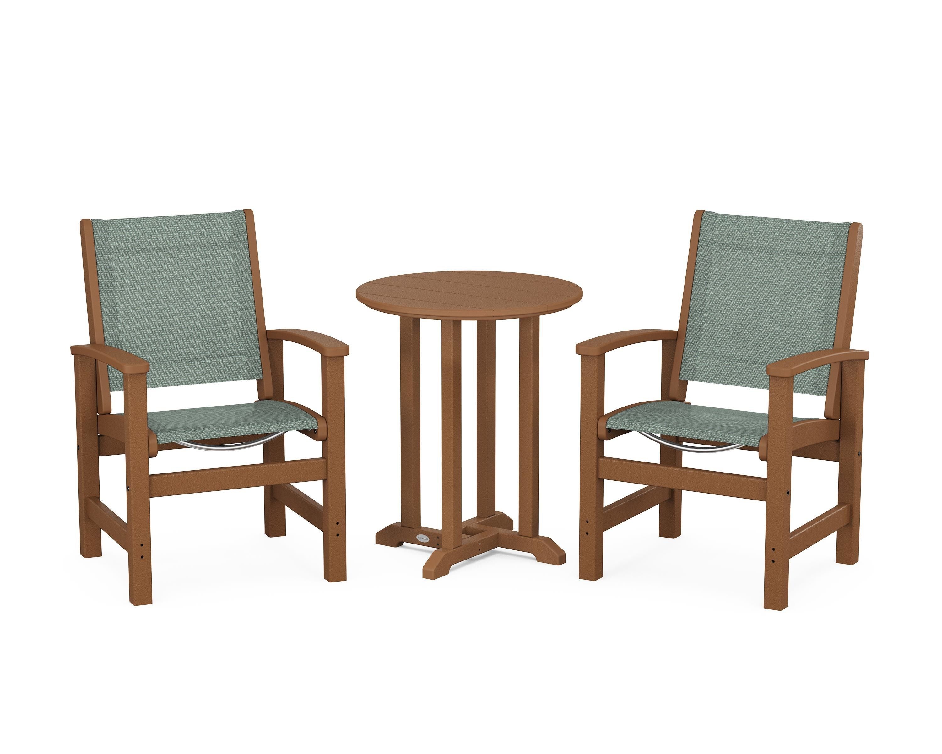 POLYWOOD Coastal 3-Piece Round Bistro Dining Set in Teak / Dupioni Sea Mist Sling