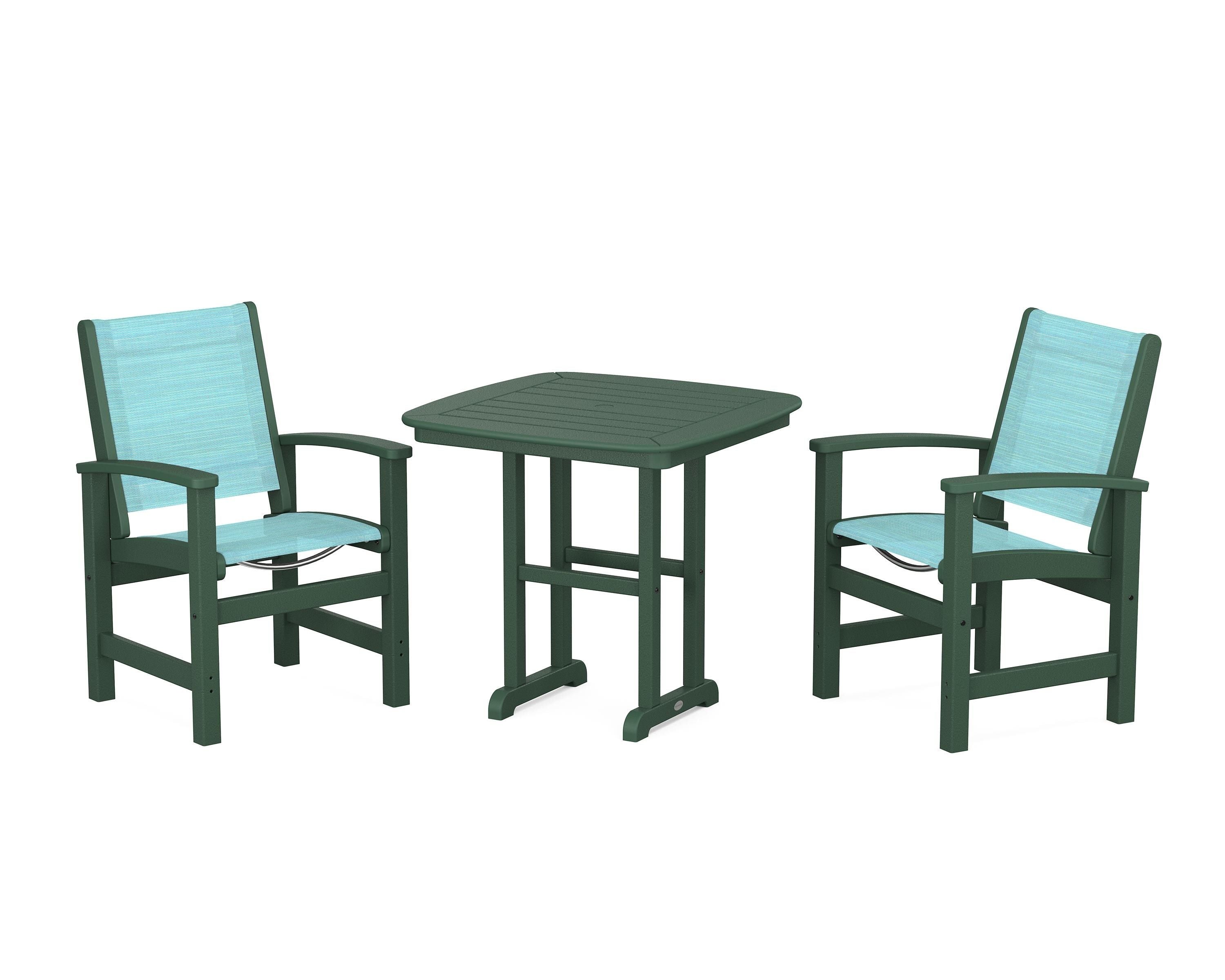 POLYWOOD Coastal 3-Piece Dining Set in Green / Dupioni Aquamarine Sling